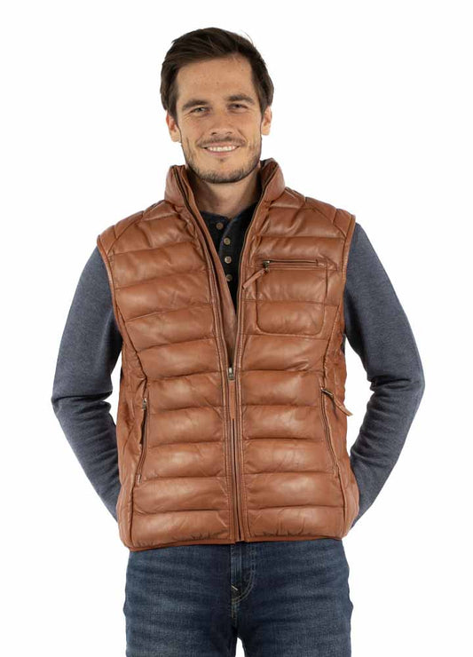 Scully Men's Ribbed Leather Vest in Cognac Soft Lamb