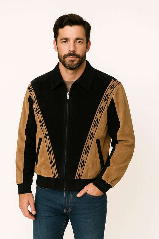 Scully Men's Boar Suede Rodeo Jacket in Black With Cafe Brown Trim