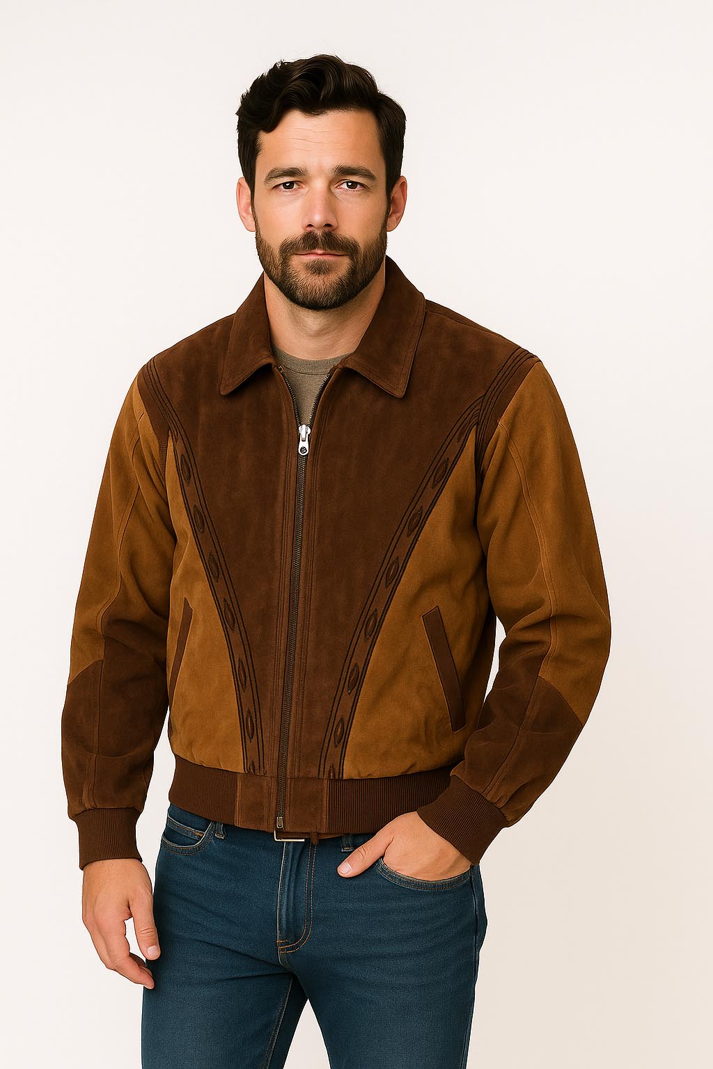 Scully Men's Boar Suede Leather Arena Jacket in Chocolate With Cafe Brown