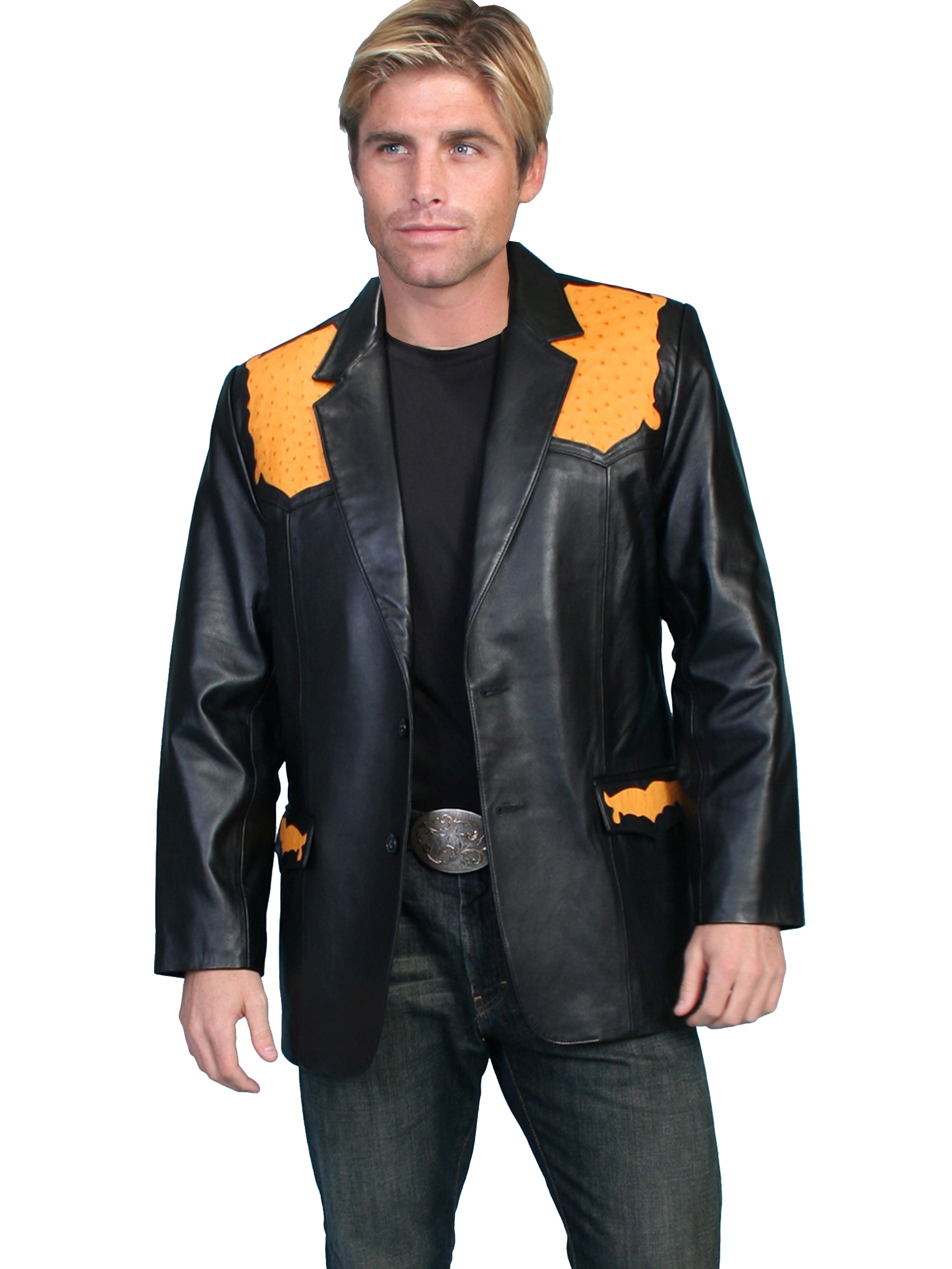Scully Western Men's Leather Lambskin Genuine Blazer in Black Lamb With Buttercup Ostrich Trim