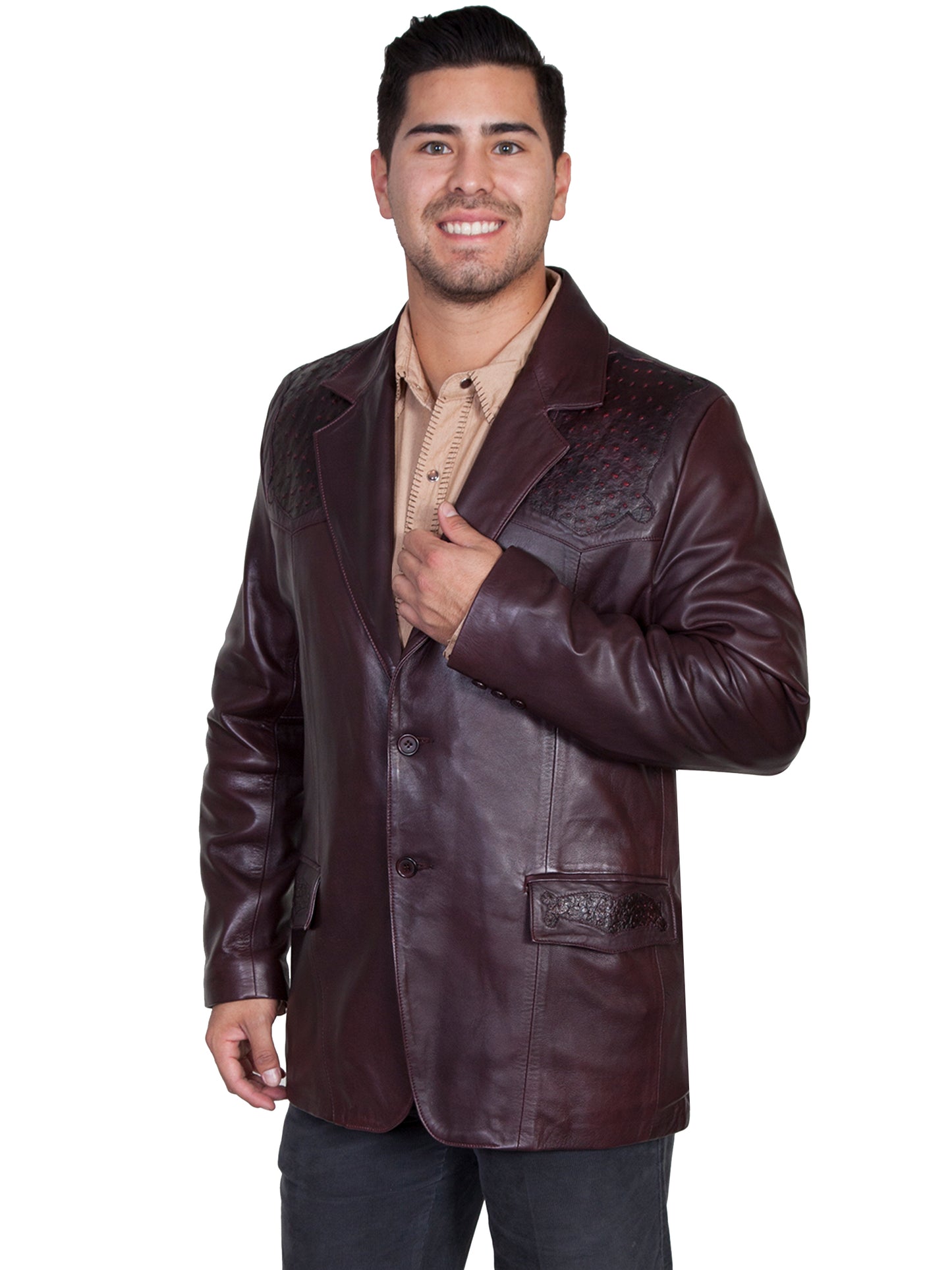 Scully Men's Ostrich Trim Leather Reg Blazer in Black Cherry