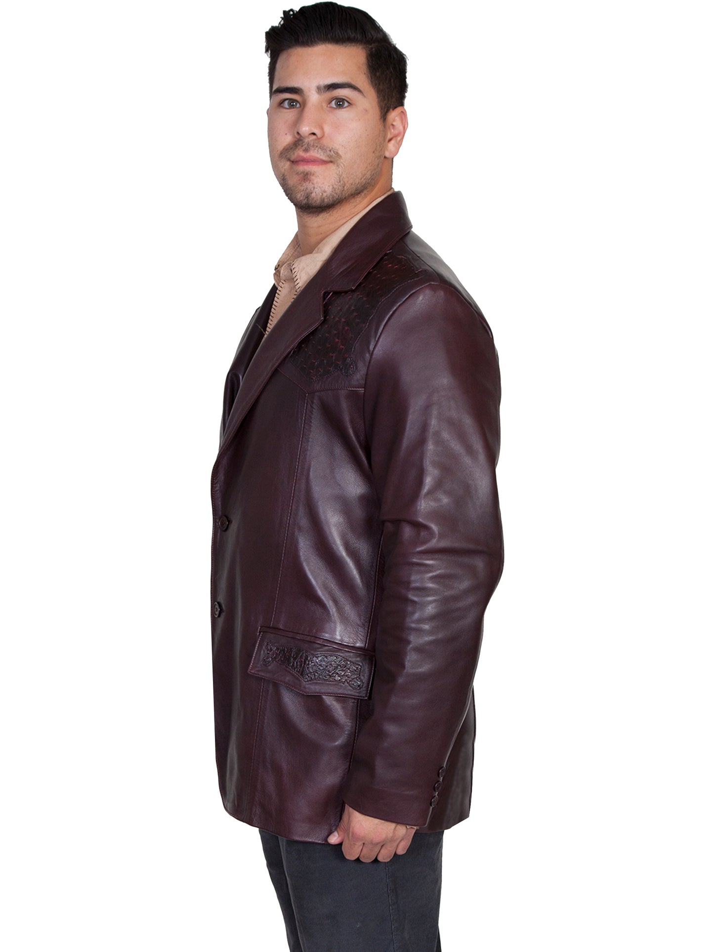 Scully Men's Ostrich Trim Leather Reg Blazer in Black Cherry