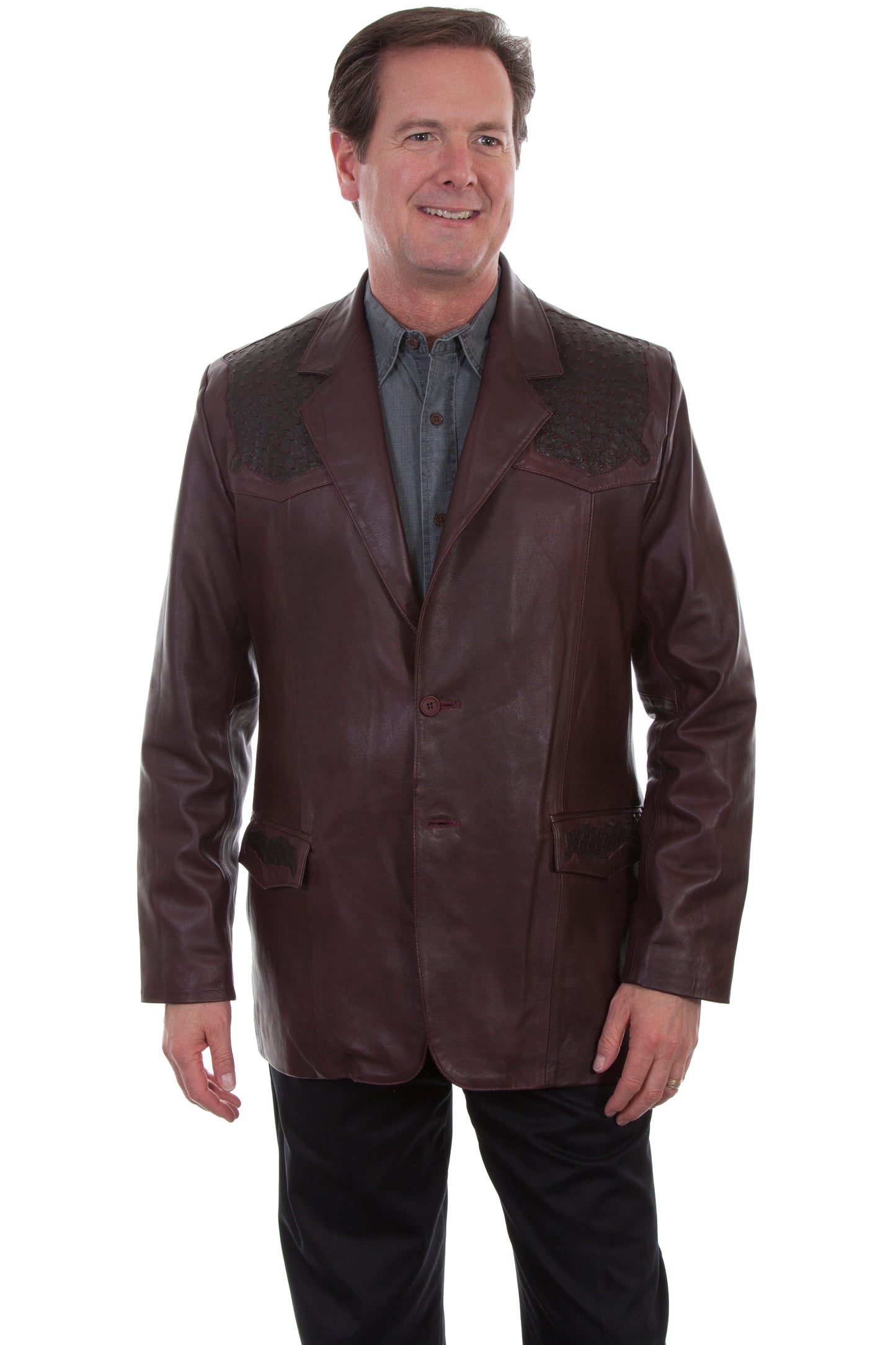 Scully Men's Ostrich Trim Leather Reg Blazer in Black Cherry