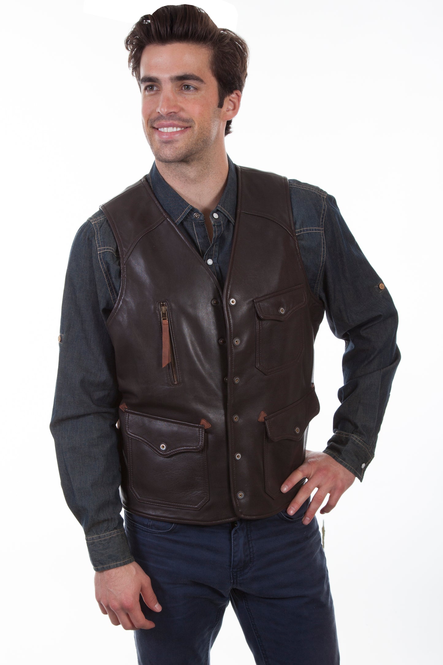 Scully Western Men's Four Pocket Zip Front Waistcoat Rugged Lamb Vest in Dark Brown 