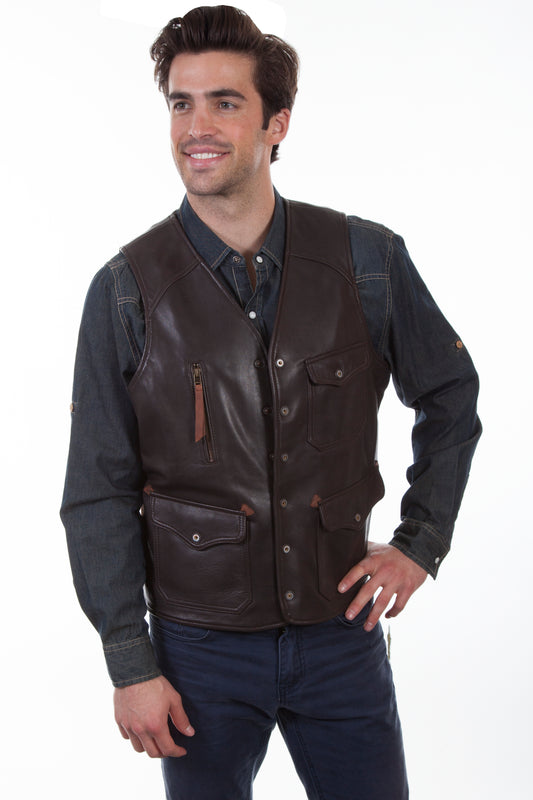 Scully Western Men's Four Pocket Zip Front Waistcoat Rugged Lamb Vest in Dark Brown 