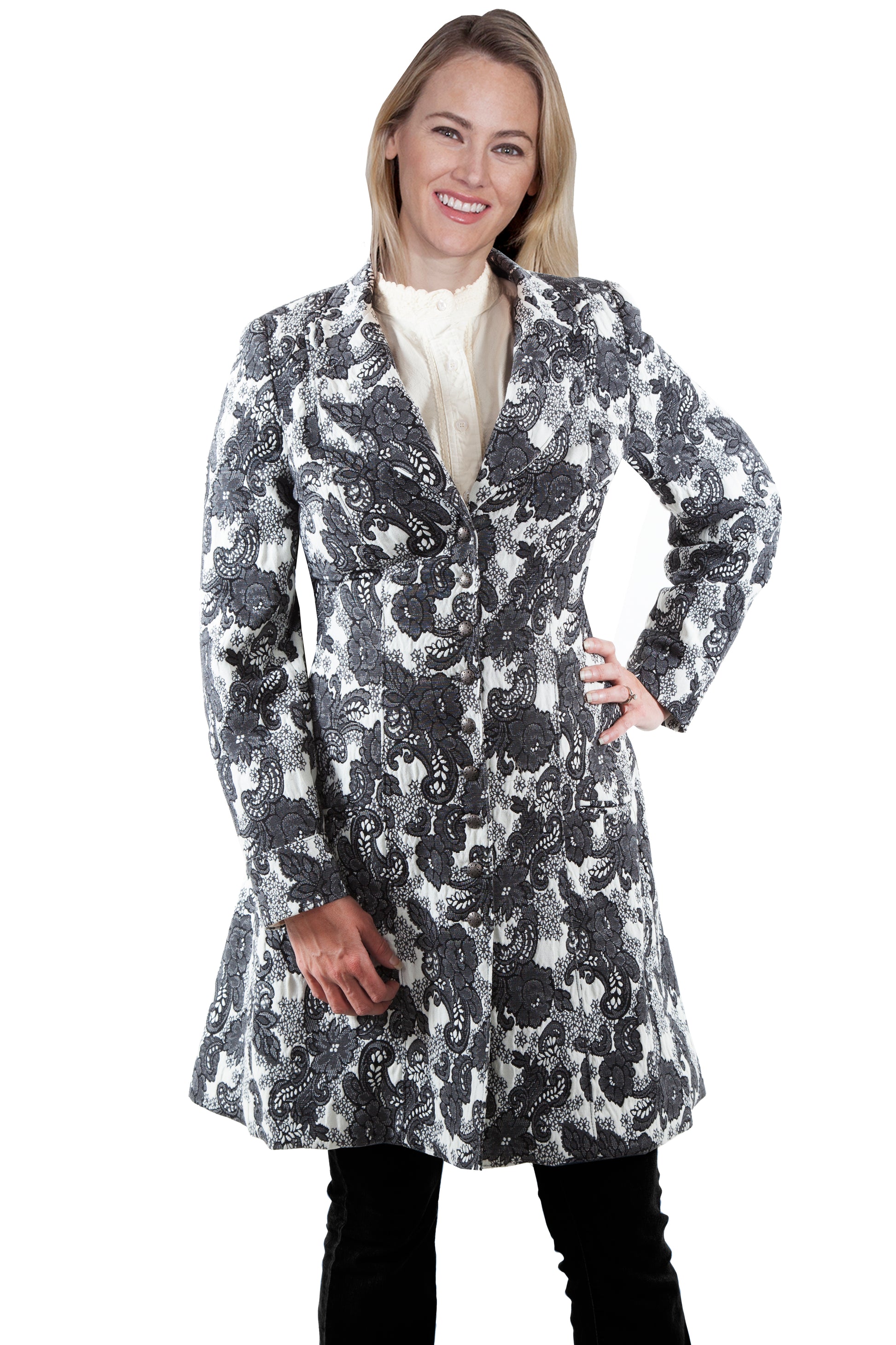 Scully Western Women's Damask Paisley Frock Black Coat in Black-White