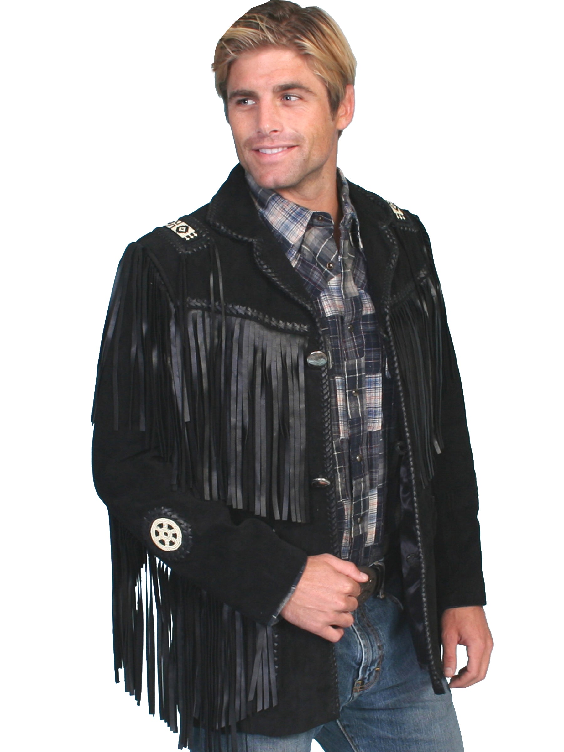 Scully Men's Fringed & Bead Trimmed Suede Leather Coat in Black