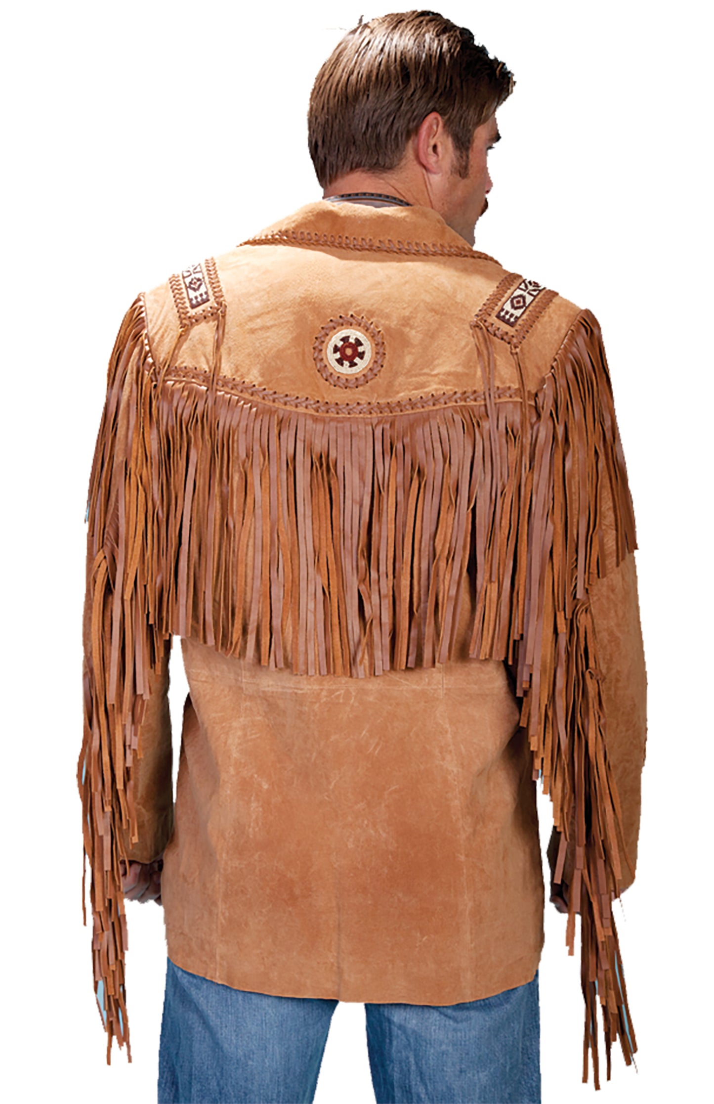 Scully Men's Fringed & Bead Trimmed Boar Suede Leather Coat in Bourbon