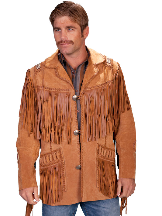 Scully Men's Fringed & Bead Trimmed Boar Suede Leather Coat in Bourbon