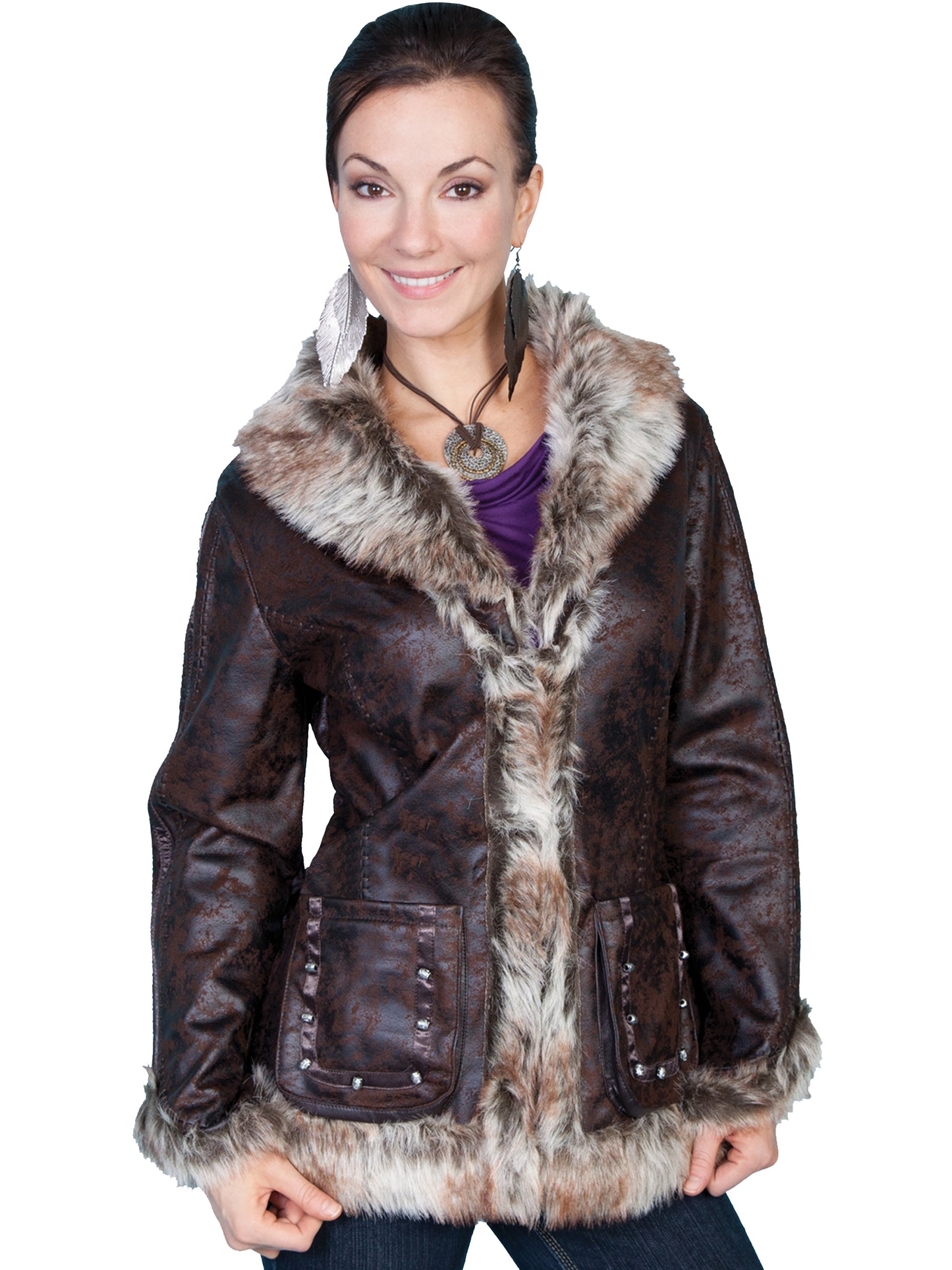 Scully Women's Faux Leather and Fur Jacket in Dark Brown