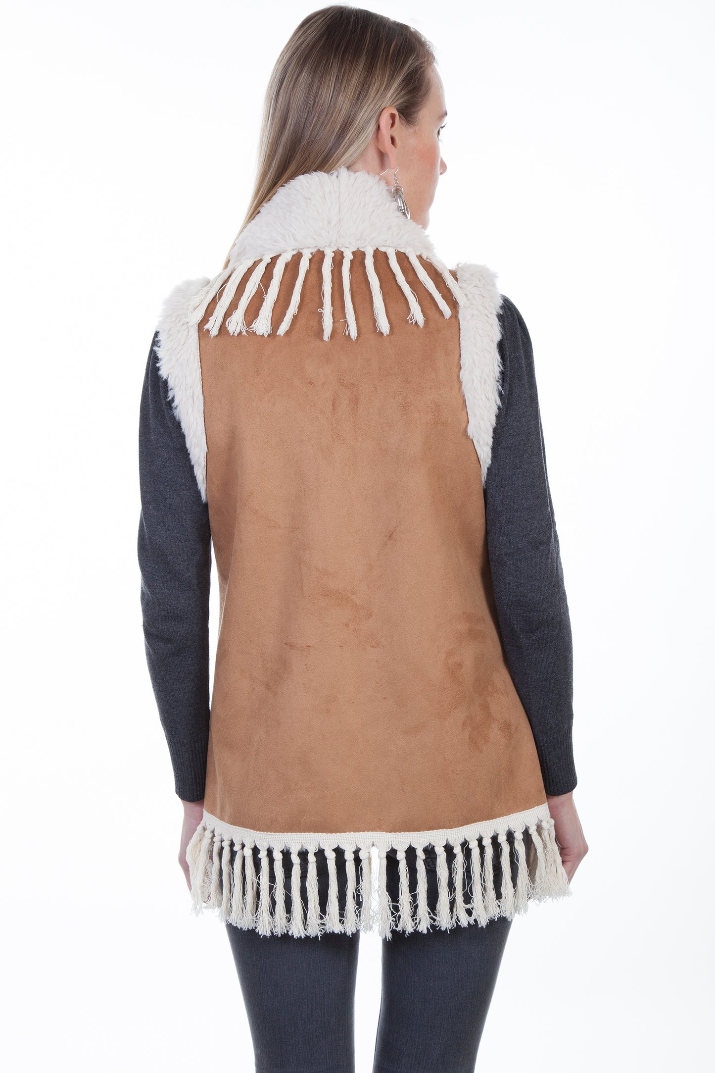 Scully Honey Creek Women's Faux Fur Embellished Fringe Vest in Tan