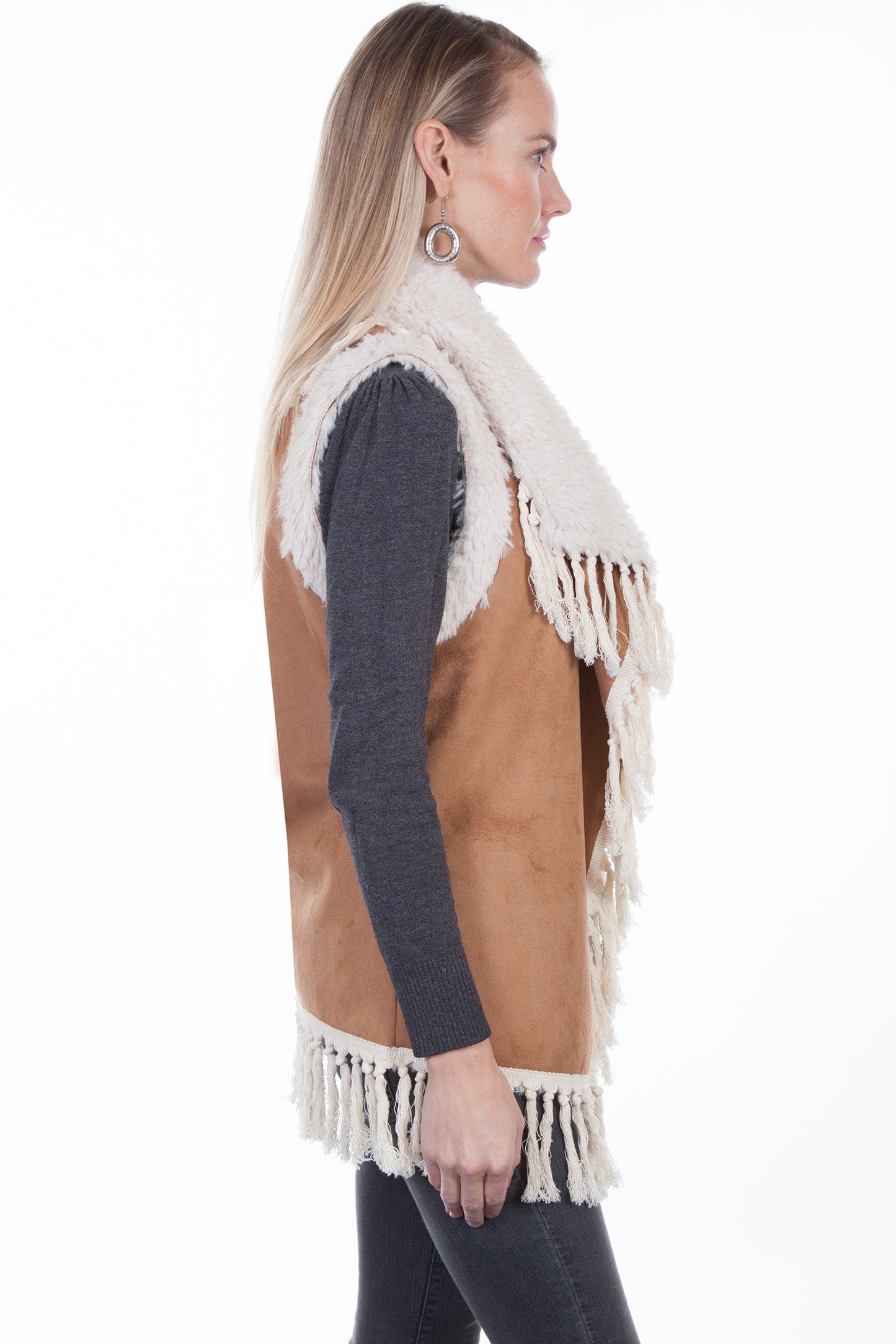 Scully Honey Creek Women's Faux Fur Embellished Fringe Vest in Tan