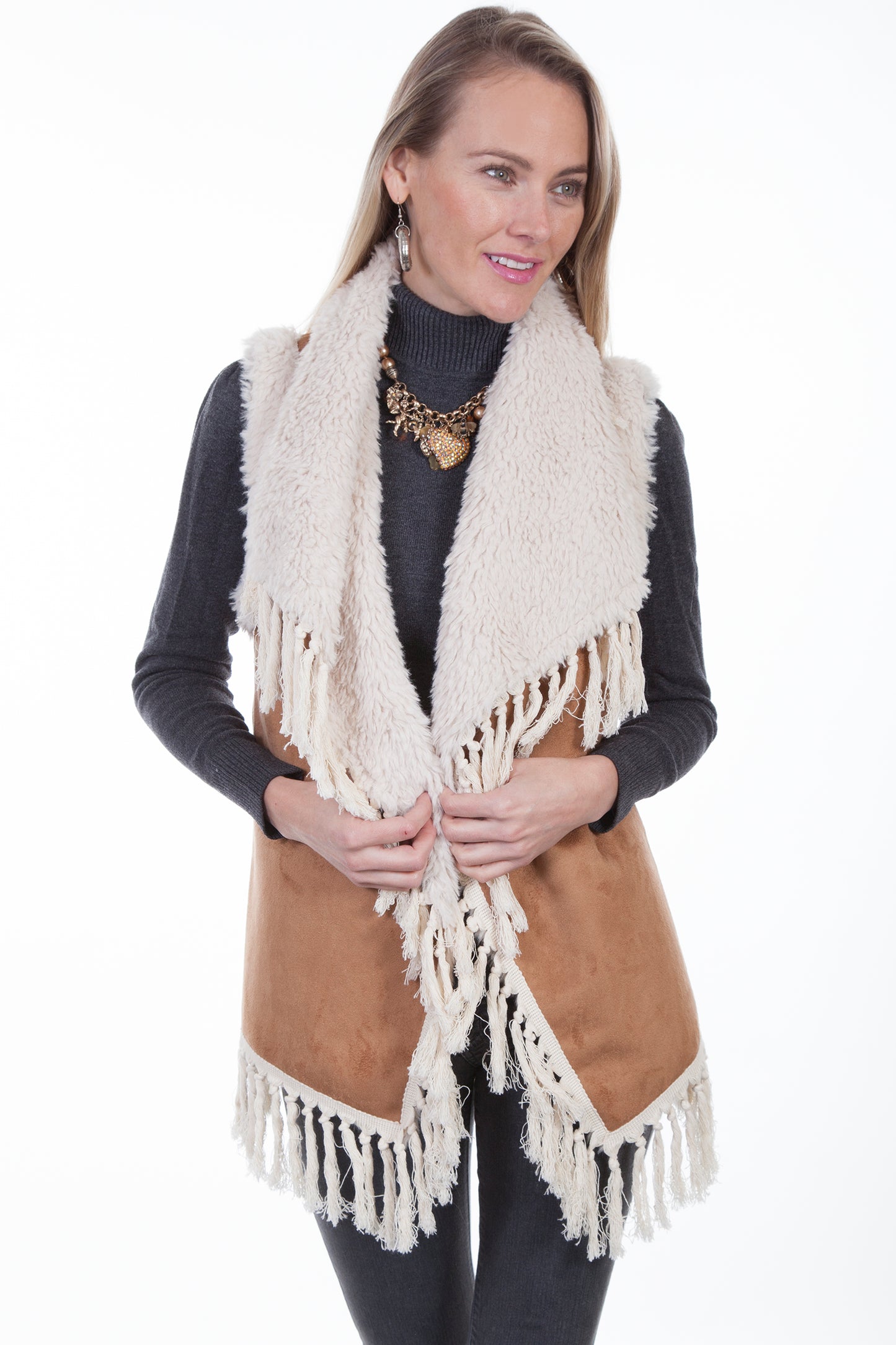 Scully Honey Creek Women's Faux Fur Embellished Fringe Vest in Tan