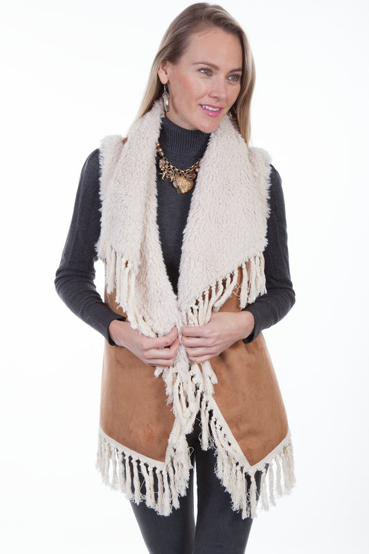 Scully Honey Creek Women's Faux Fur Embellished Fringe Vest in Tan