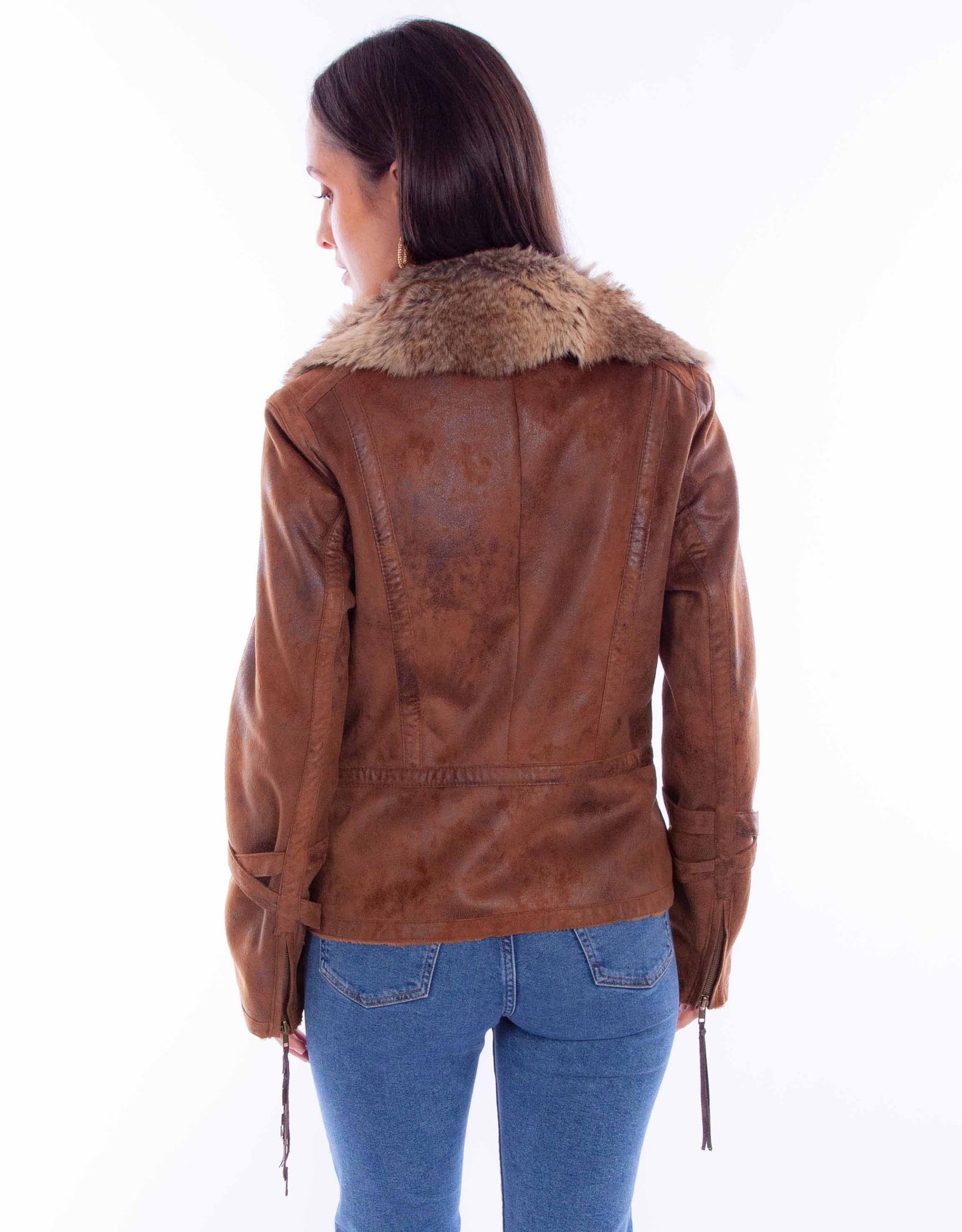Scully Western Women's Zip Front Faux Fur Collar Jacket in Brown