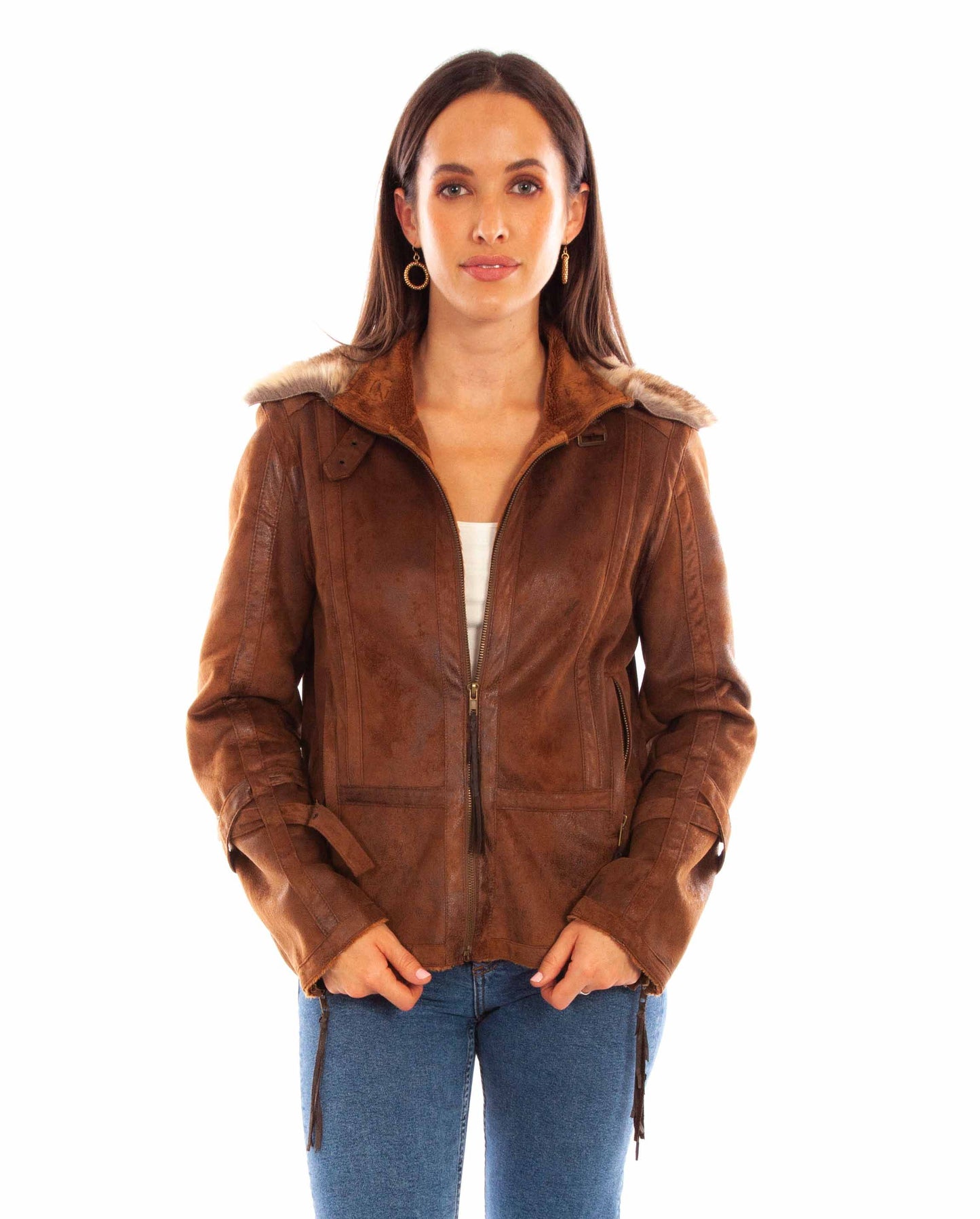 Scully Western Women's Zip Front Faux Fur Collar Jacket in Brown