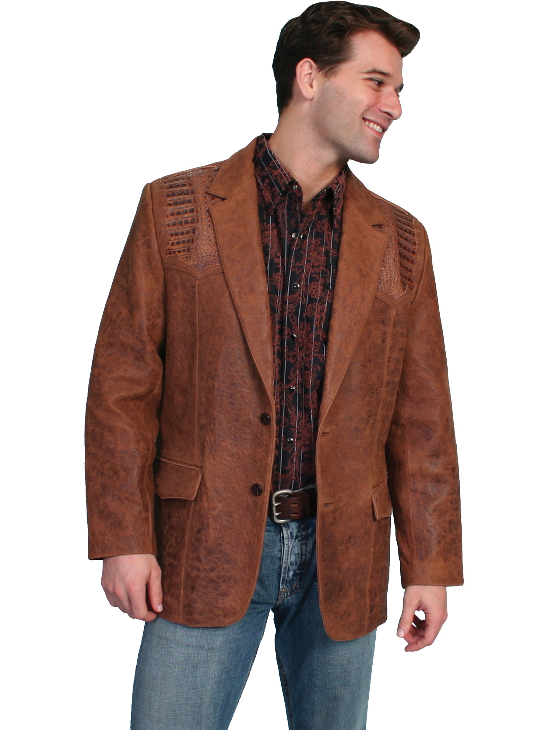 Scully Men's Leather Lambskin Caiman Inlays Two Button Blazer in Brown