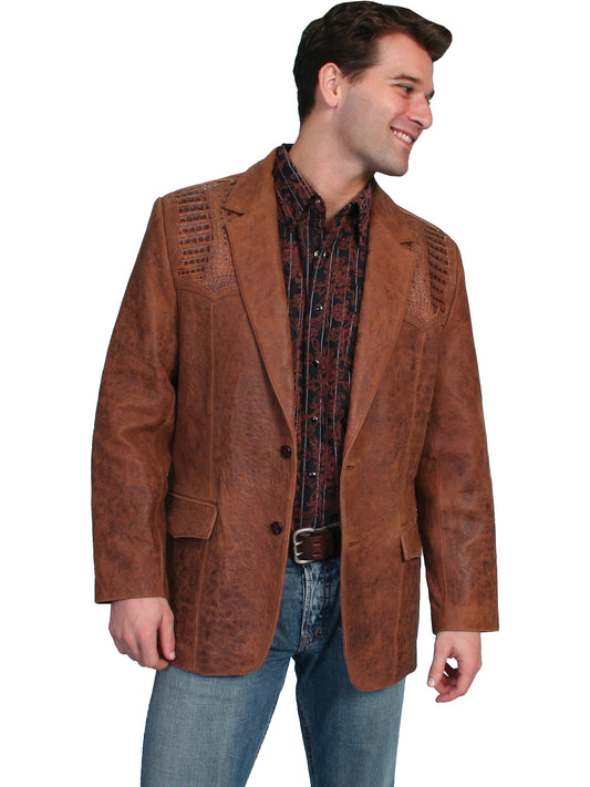Scully Men's Leather Lambskin Caiman Inlays Two Button Blazer in Brown