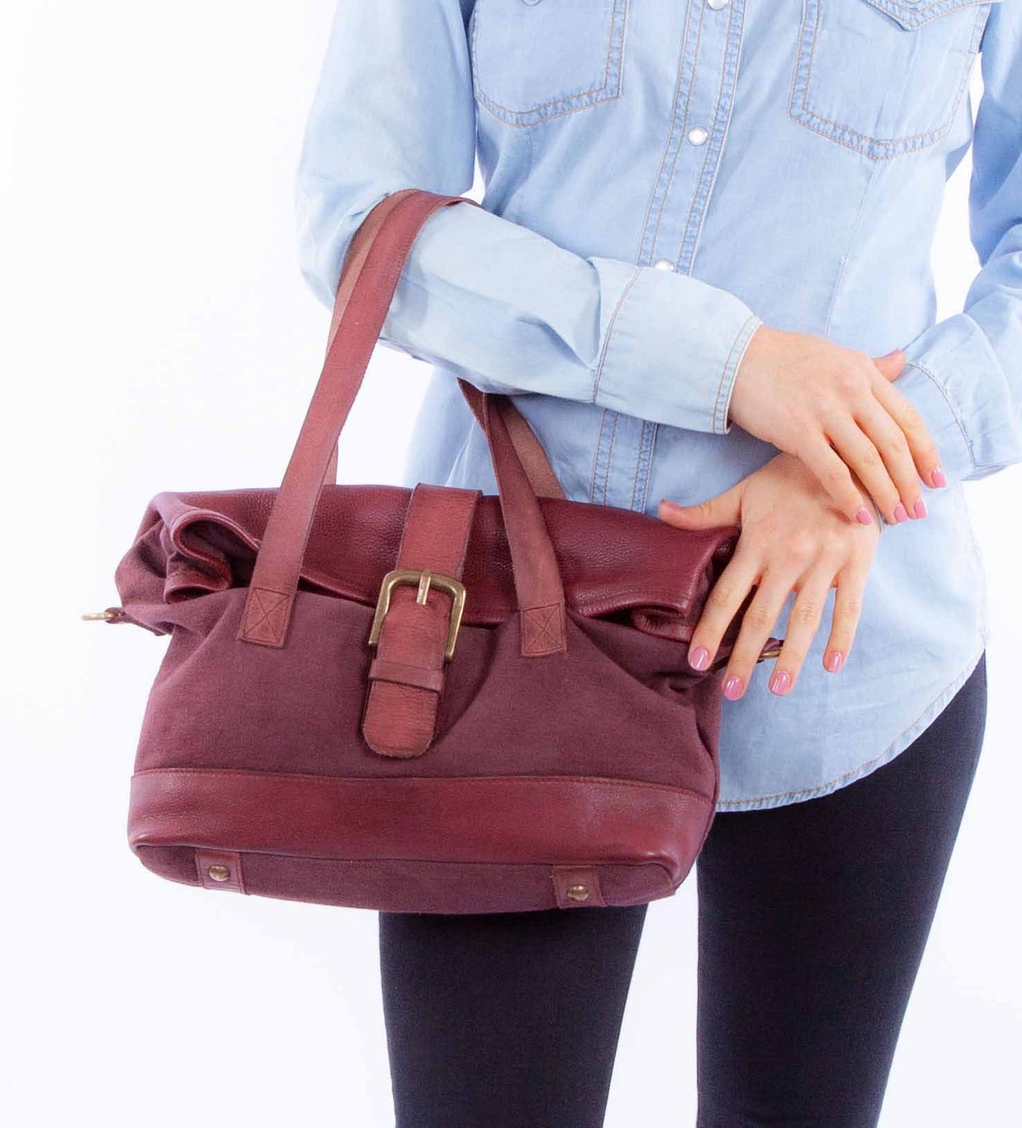 Scully Women's Canvas Leather Hand Burg Bag in Burgundy