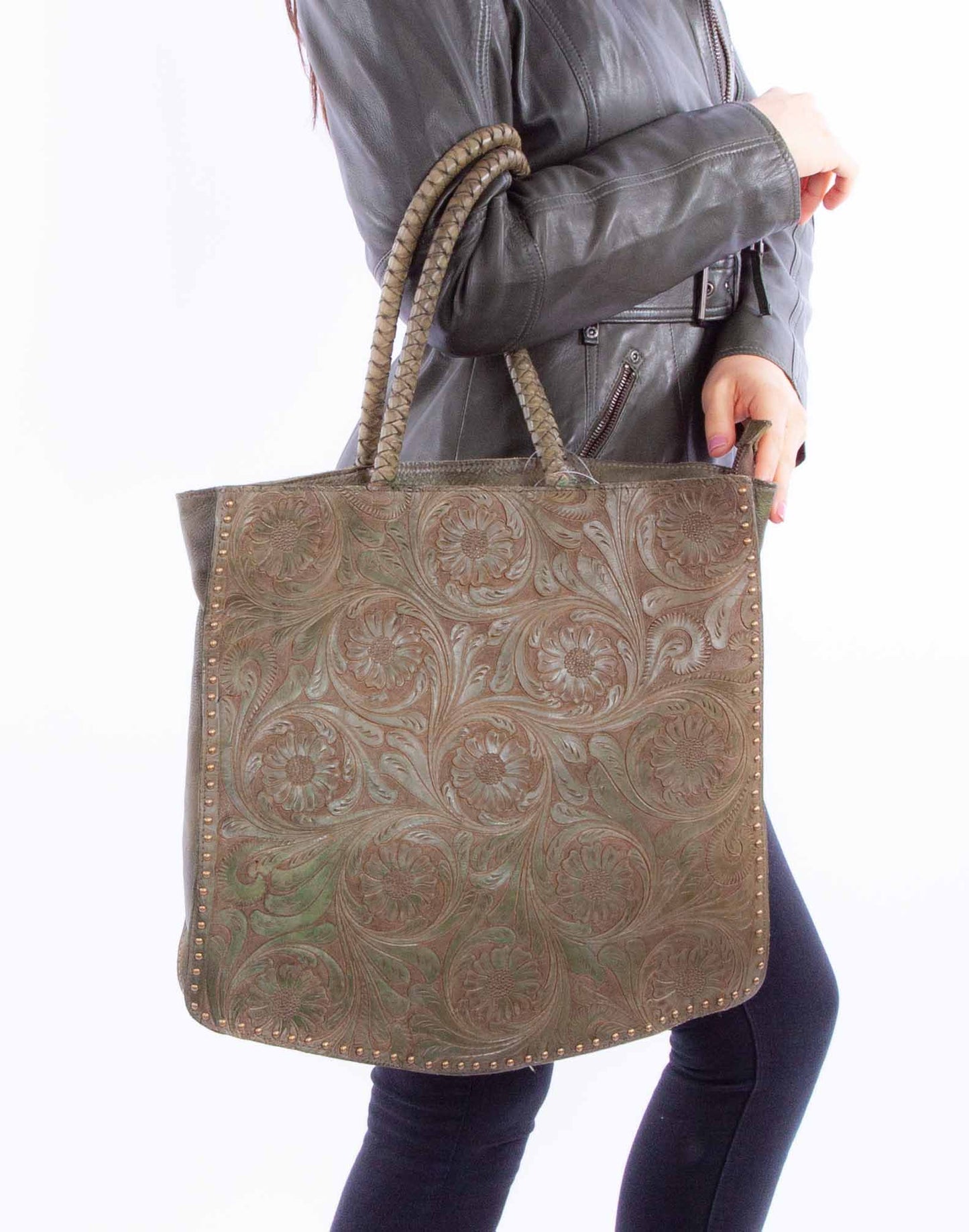 Scully Western Leather Tooled Double Tote Bag in Olive