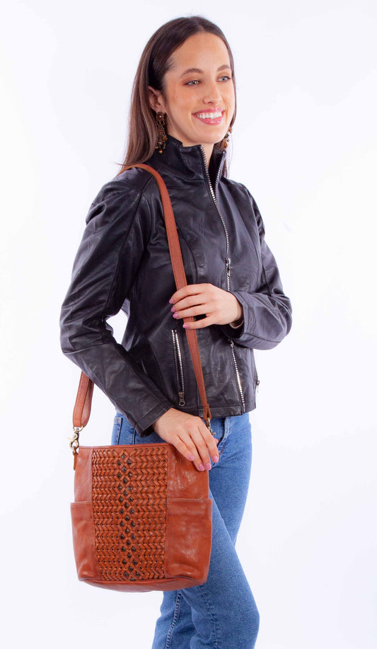 Scully Women's Woven Leather Crossbody Bag in Cognac