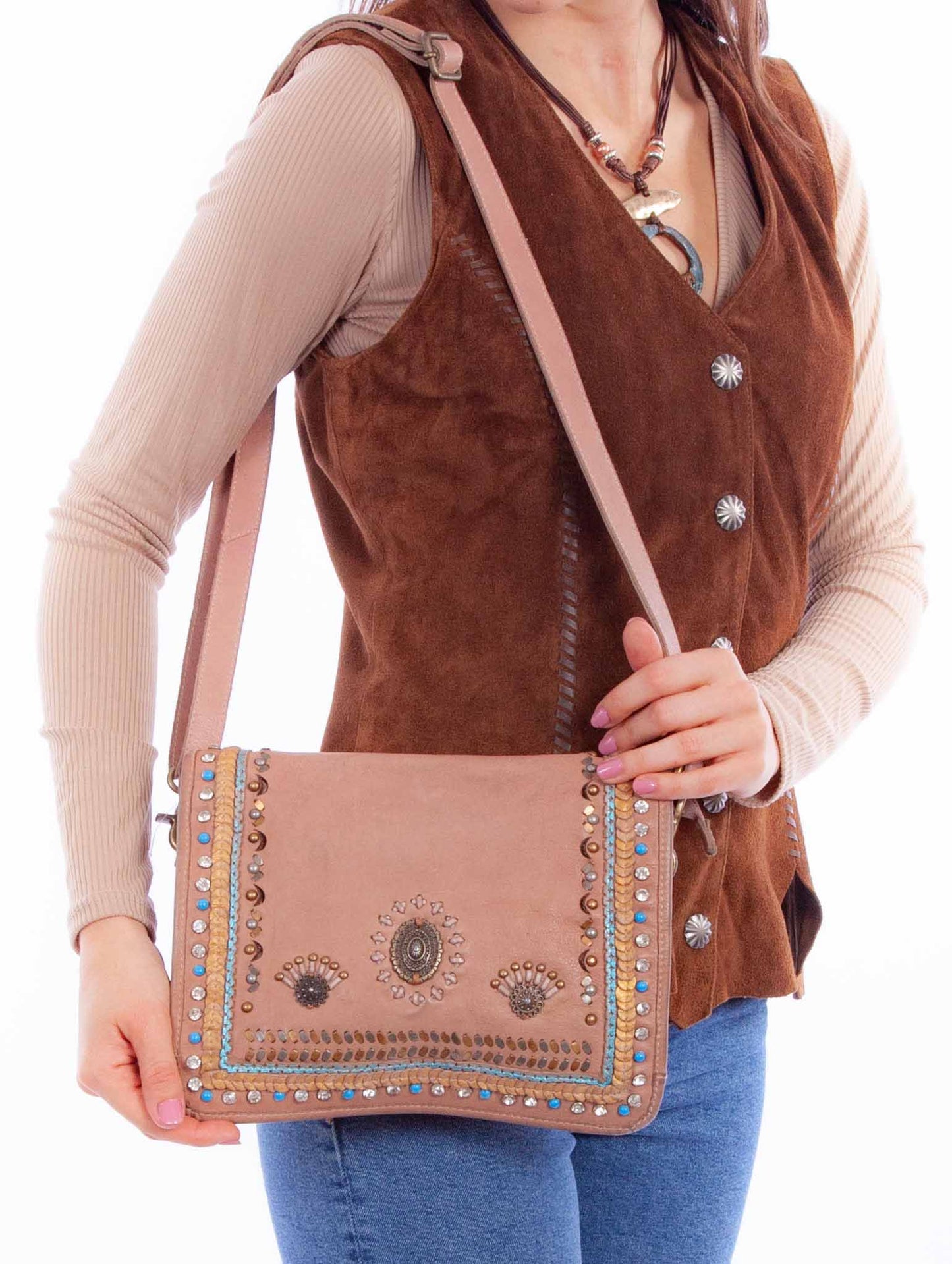 Scully Women's Braided and Studded Crossbody Bag in Sand