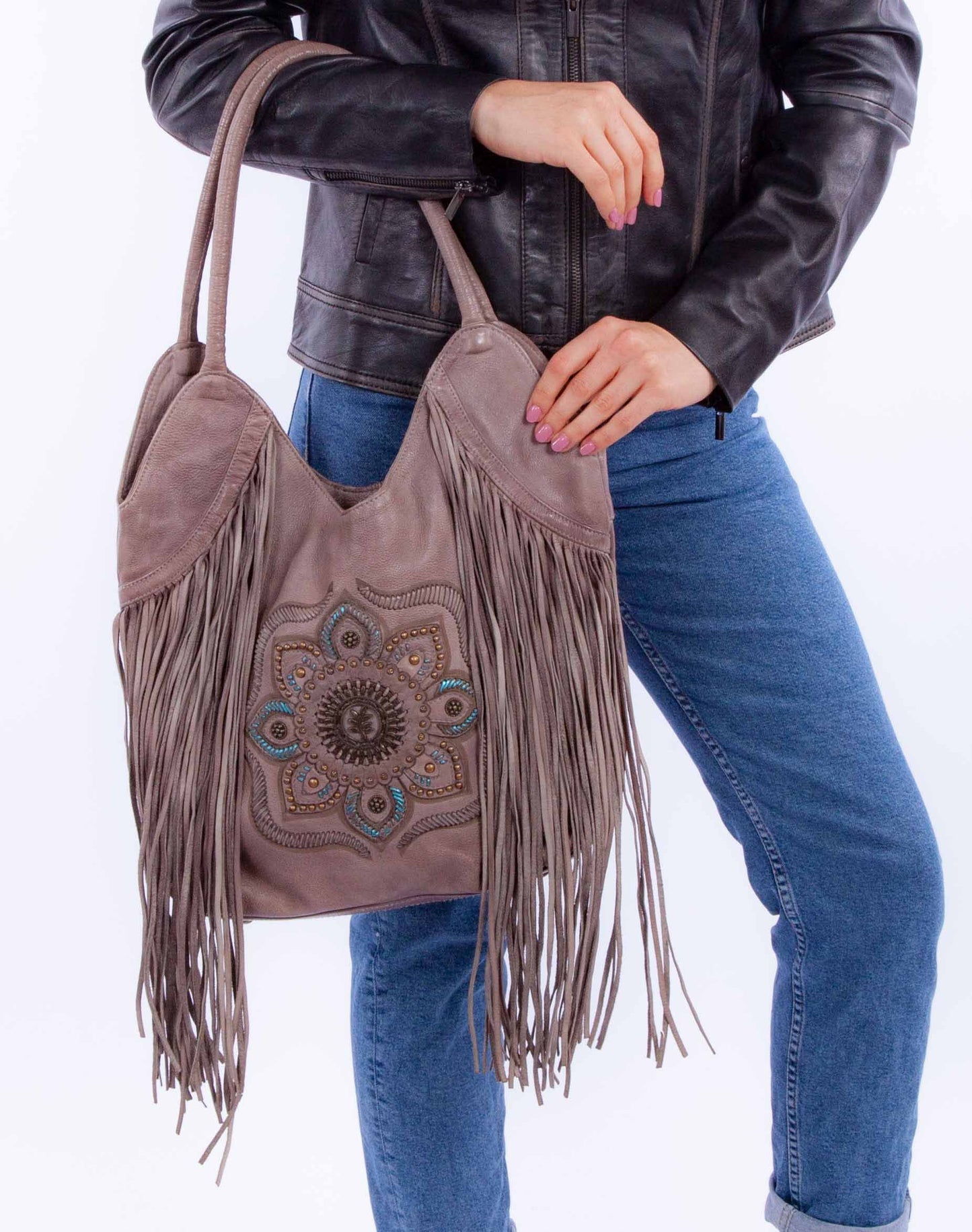 Scully Women's Floral Leather Fringe Tote in Grey