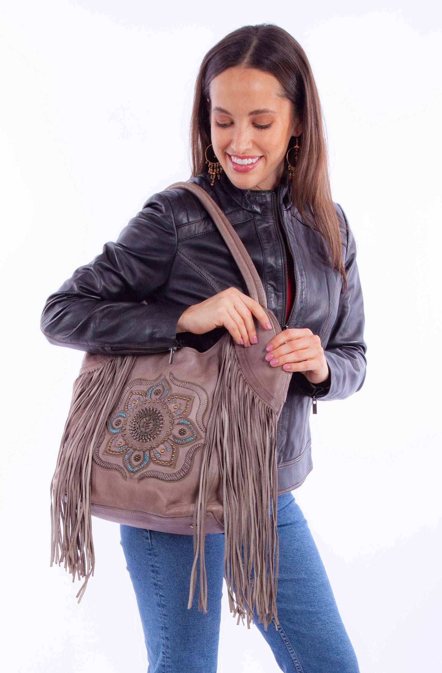 Scully Women's Floral Leather Fringe Tote in Grey