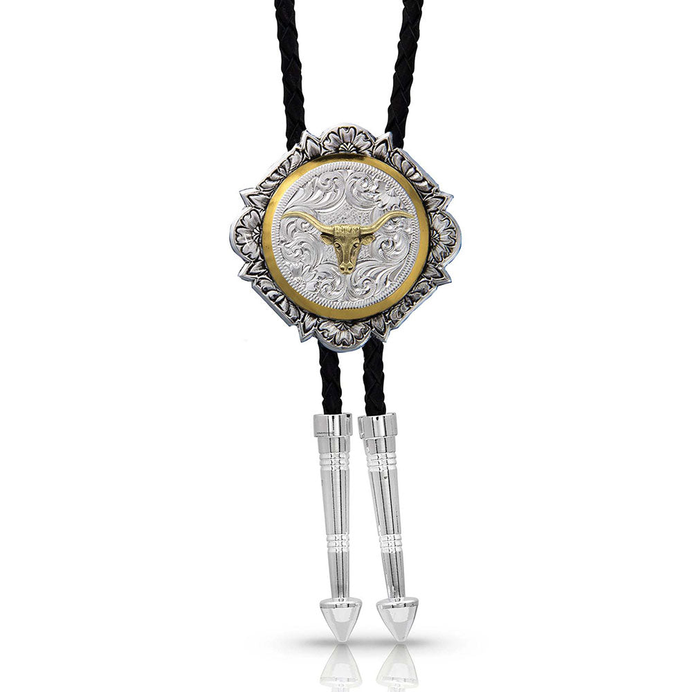 Montana Silversmiths Silver And Gold Engraved Button Bolo Tie