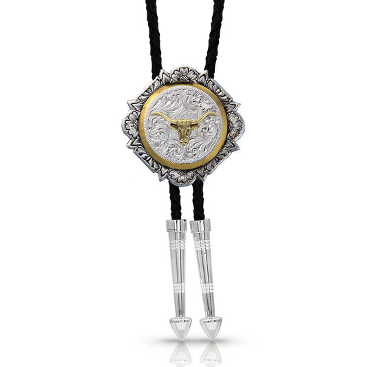 Montana Silversmiths Silver And Gold Engraved Button Bolo Tie