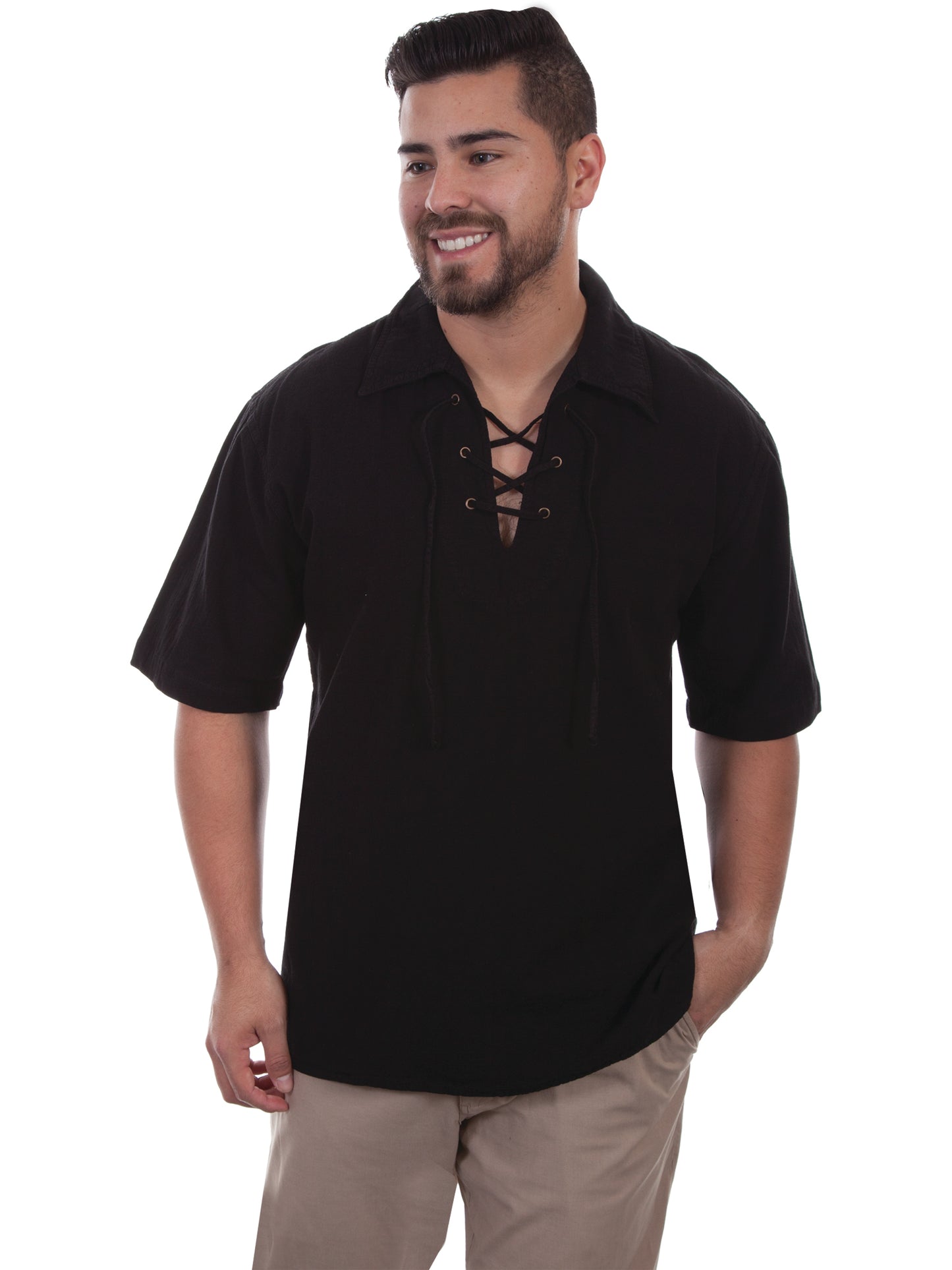 Scully Western Men's Short Sleeve Lace Up Pullover Shirt in Black