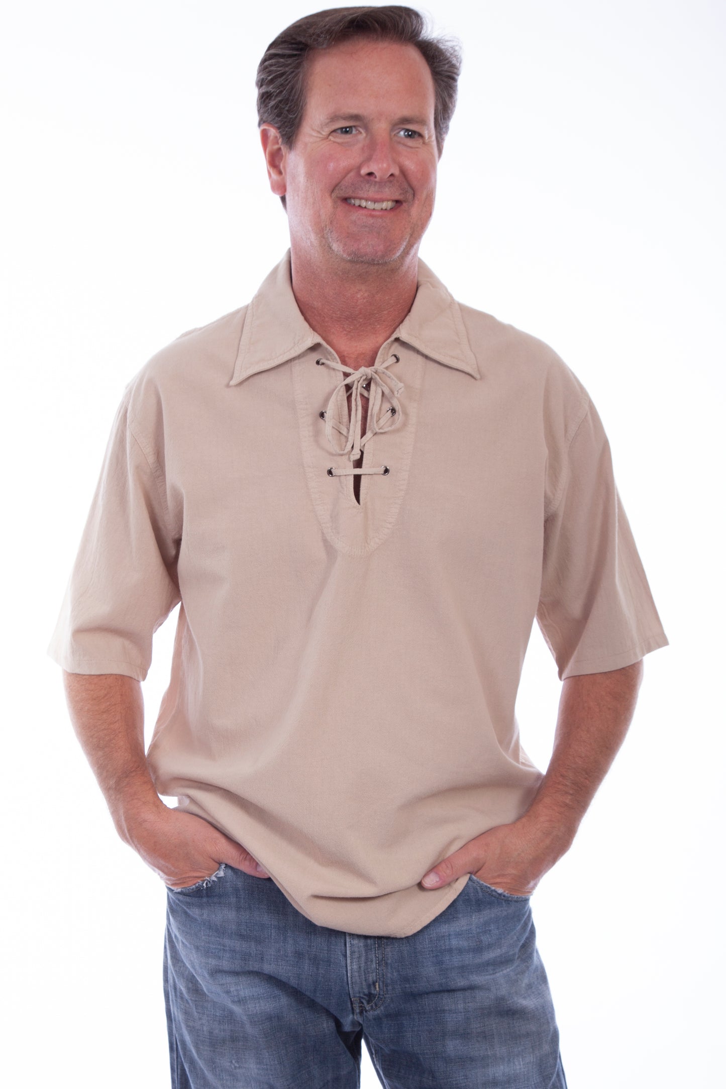 Scully Western Men's Short Sleeve Lace Up Pullover Shirt in Sand