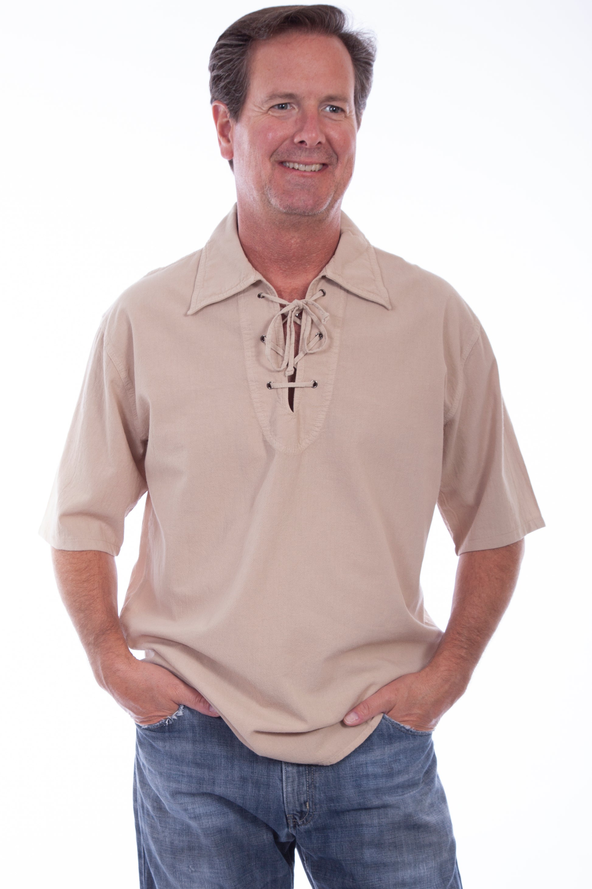 Scully Western Men's Short Sleeve Lace Up Pullover Shirt in Sand