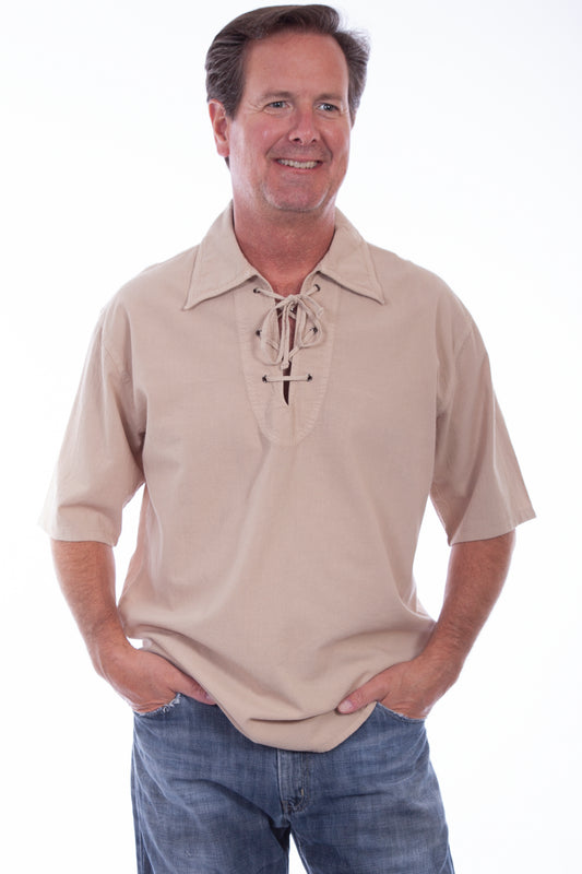 Scully Western Men's Short Sleeve Lace Up Pullover Shirt in Sand