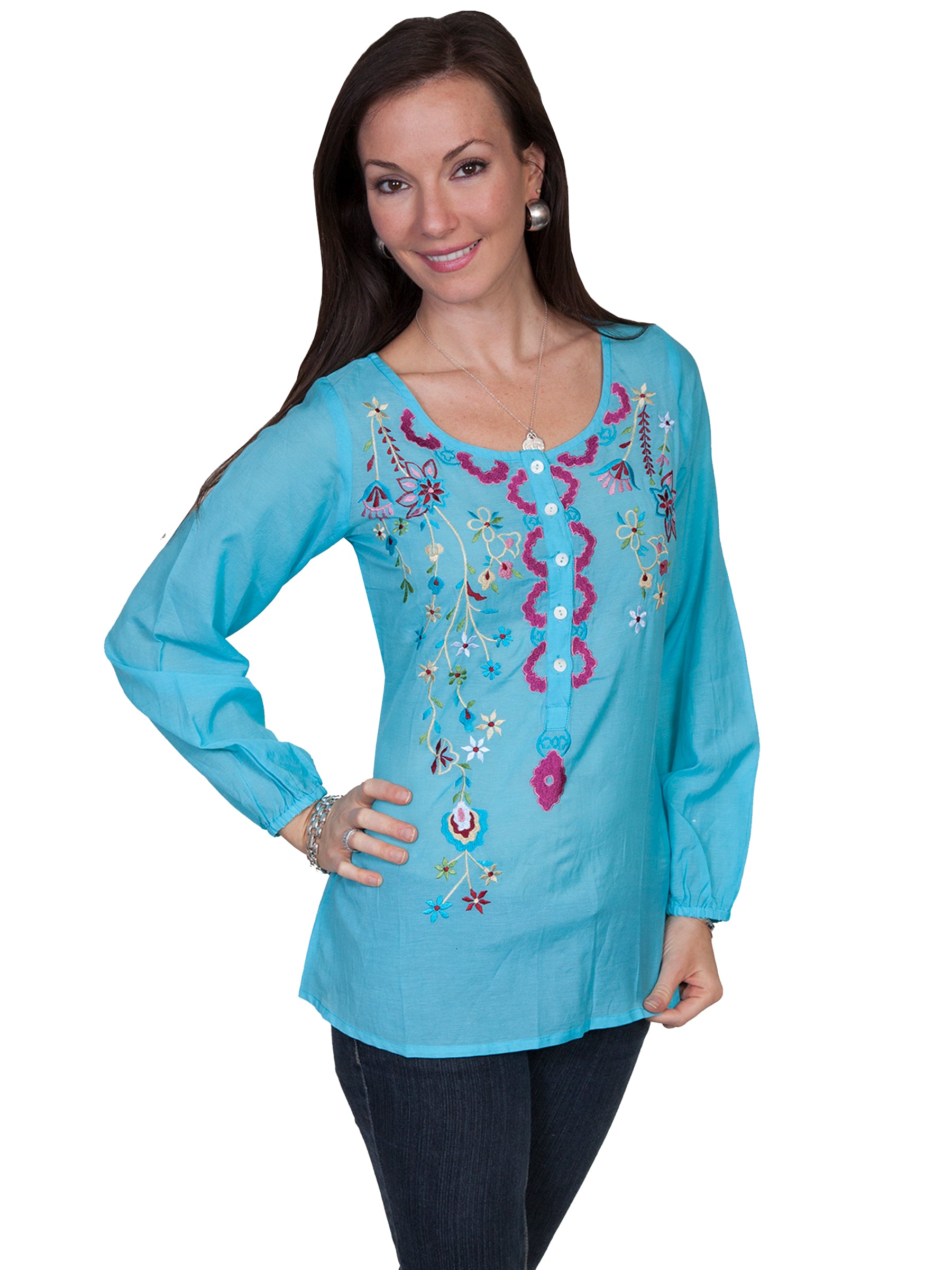 Scully Women's Tur Laila Embroidered Blouse in Turquoise