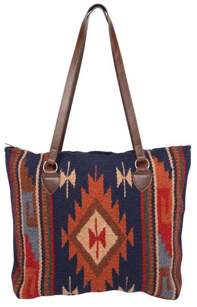 Tote bag with tribal pattern and brown leather straps on a white background