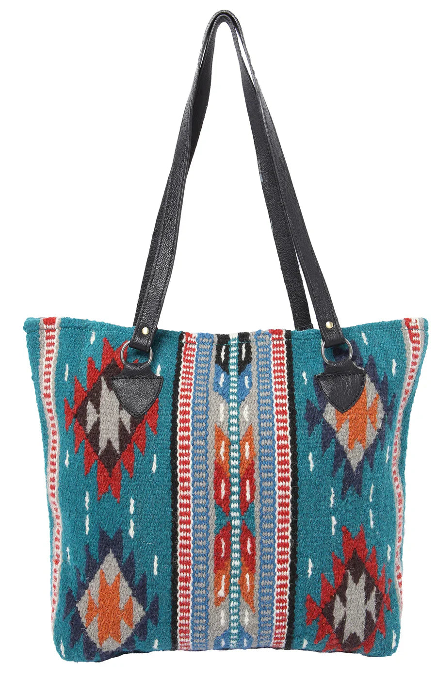 Colorful patterned handbag with black straps on a white background