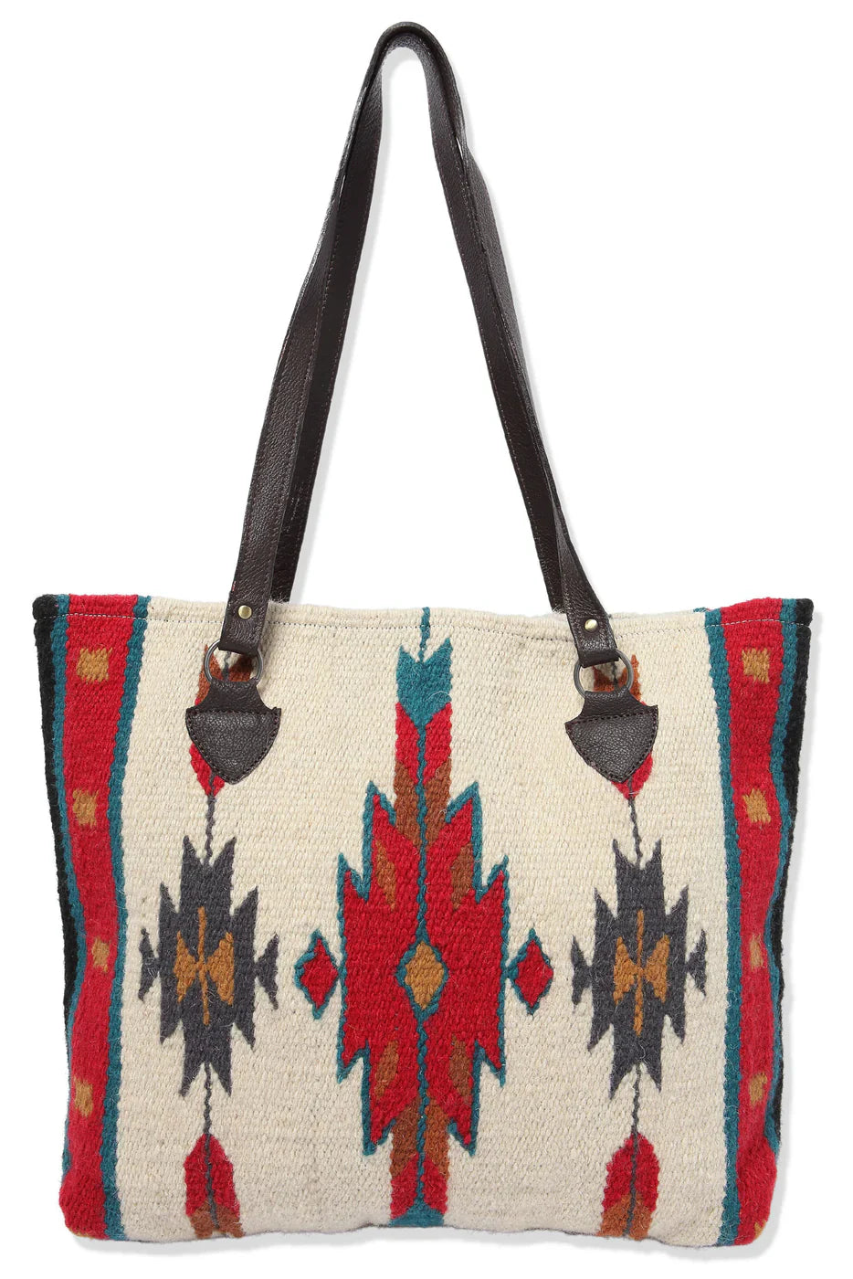 Tote bag with a colorful geometric pattern on a white background