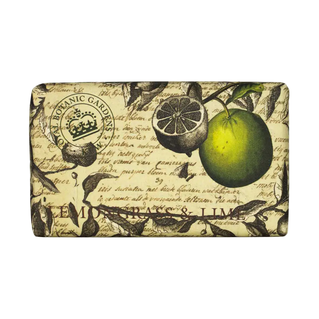 Bar of soap with botanical design featuring lemons and text on a white background