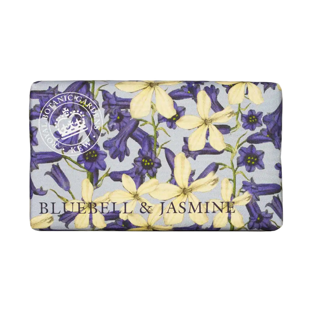 Soap bar with floral design and 'Bluebell & Jasmine' text on a white background