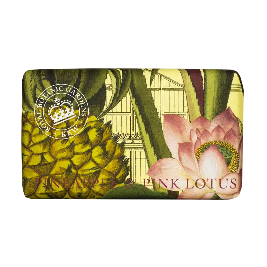 Bar of soap with pineapple and pink lotus design and Kew Gardens logo on a white background