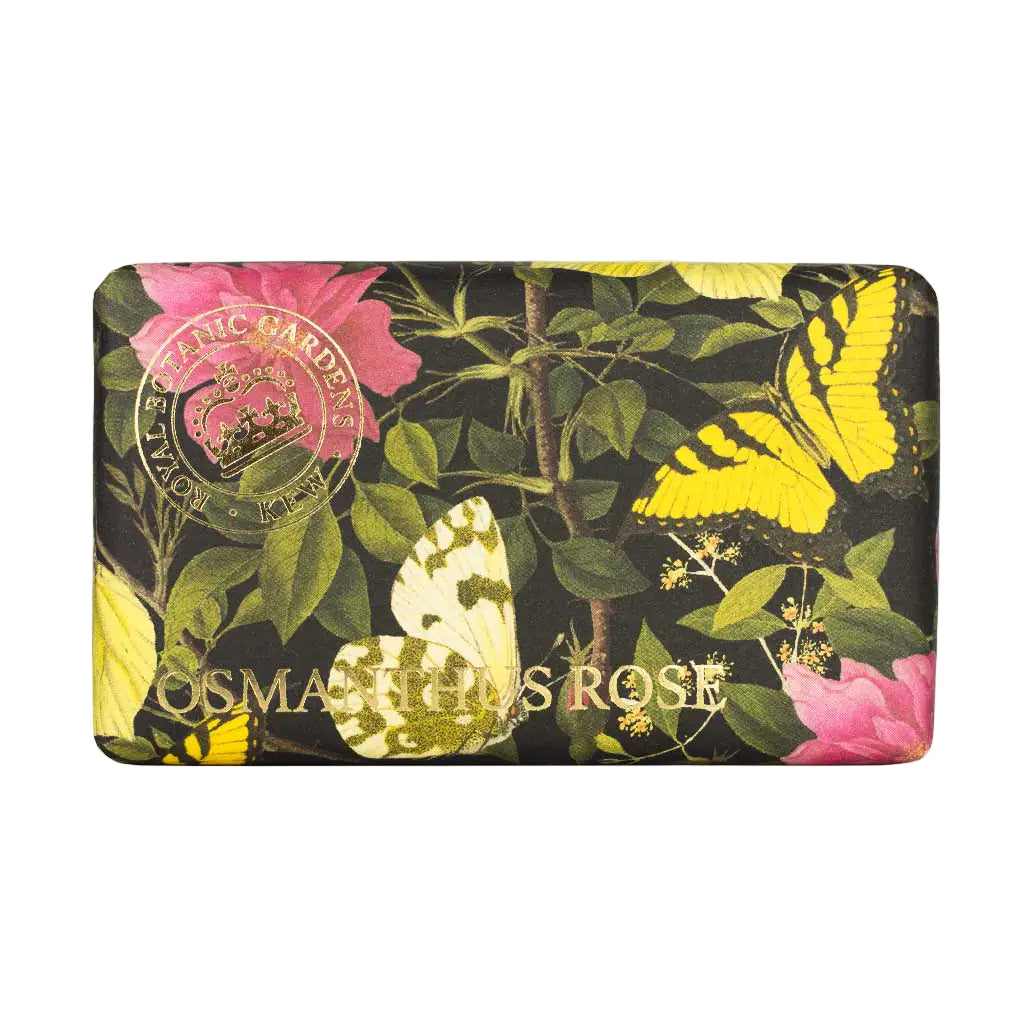 Soap bar with floral and butterfly design on a white background