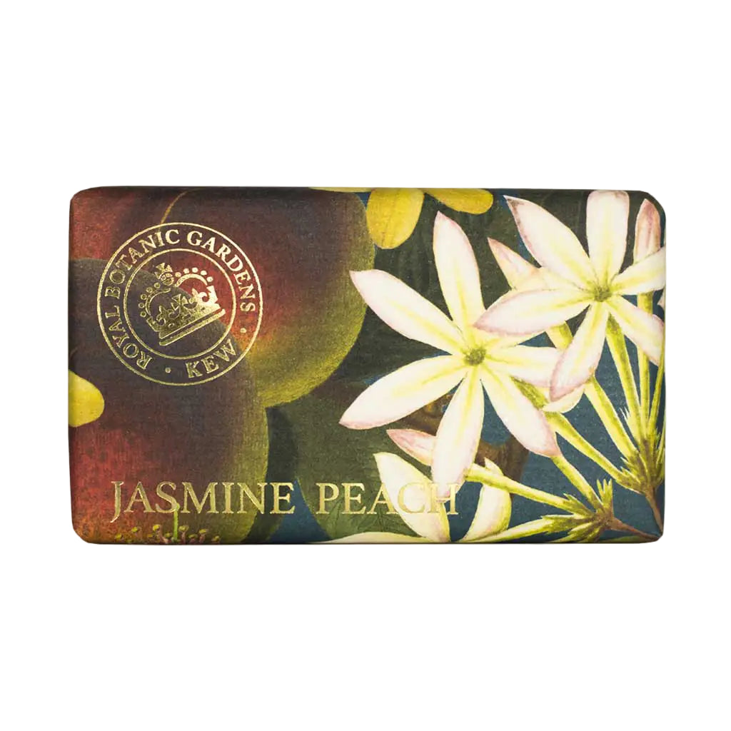 Soap bar with 'Jasmine Peach' fragrance and botanical design on a white background