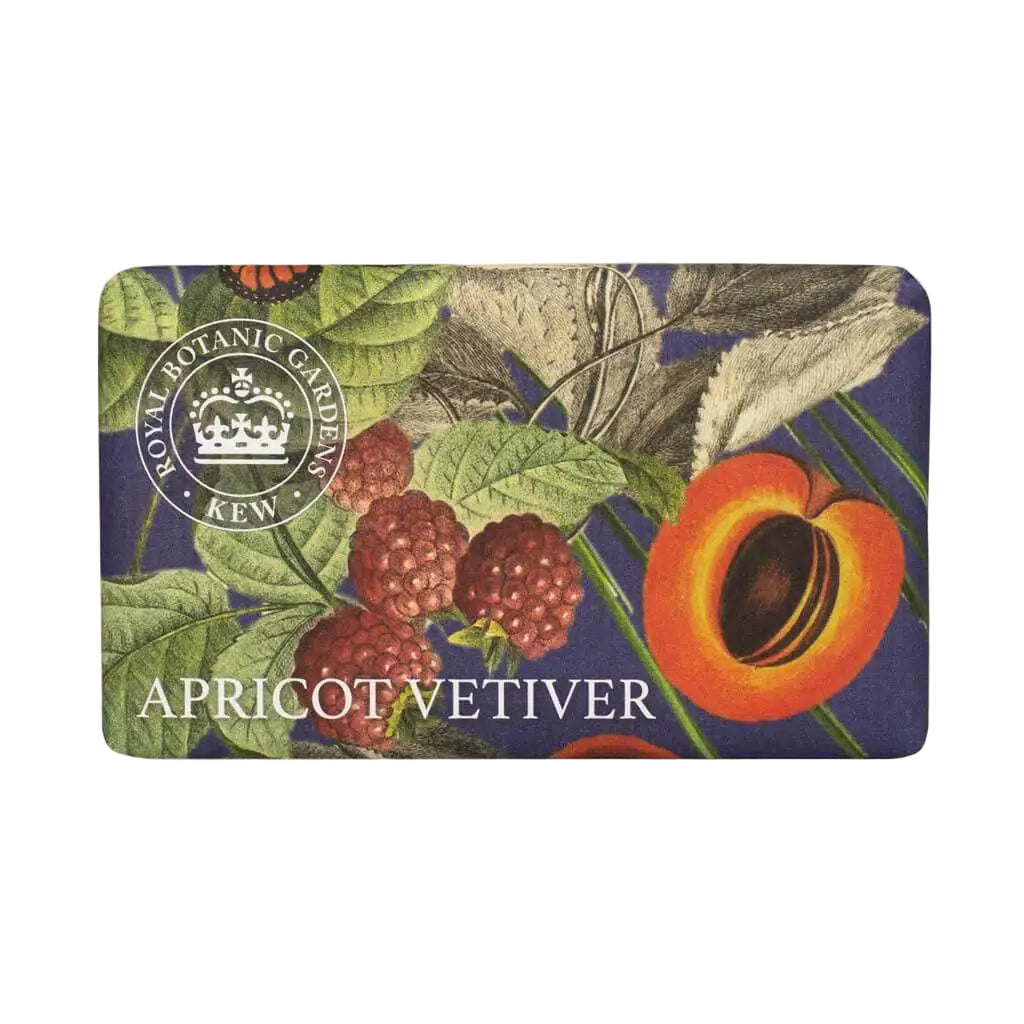 Soap bar with apricot vetiver scent and botanical design on a white background