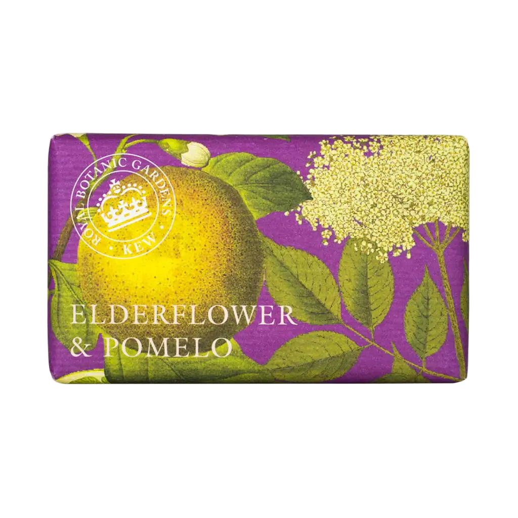 Soap bar with 'Elderflower & Pomelo' design on a purple background
