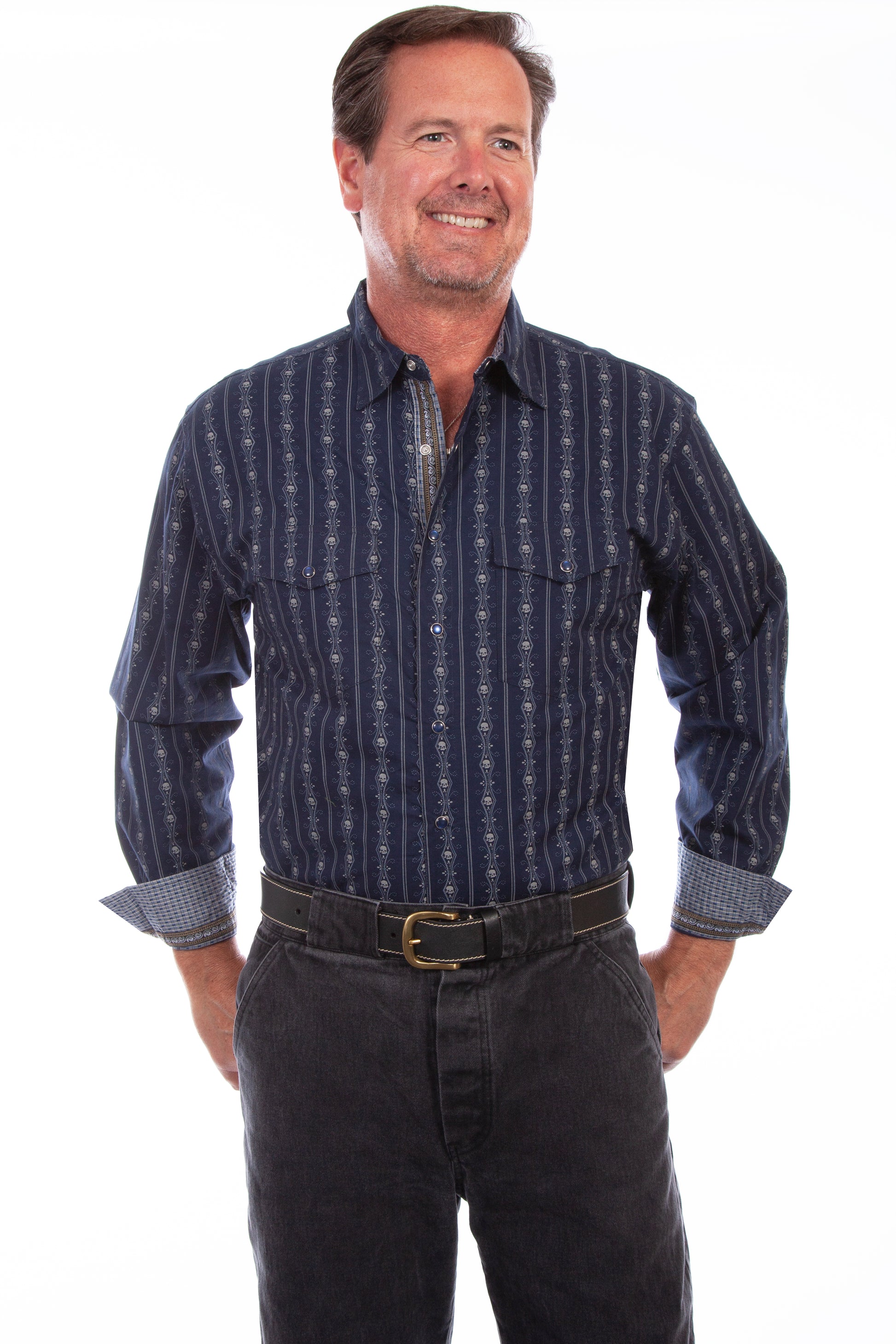 Scully Western Men's Skull Striped Long Sleeve Pearl Snap Shirt in Navy