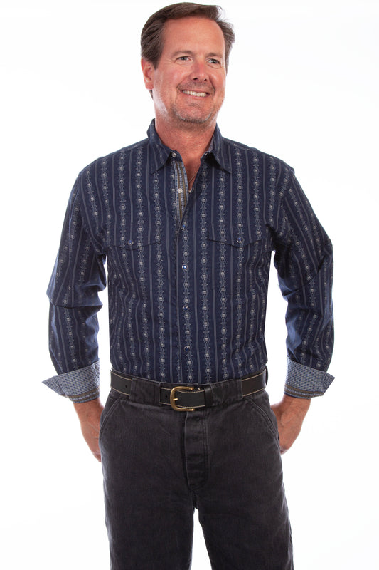 Scully Western Men's Skull Striped Long Sleeve Pearl Snap Shirt in Navy