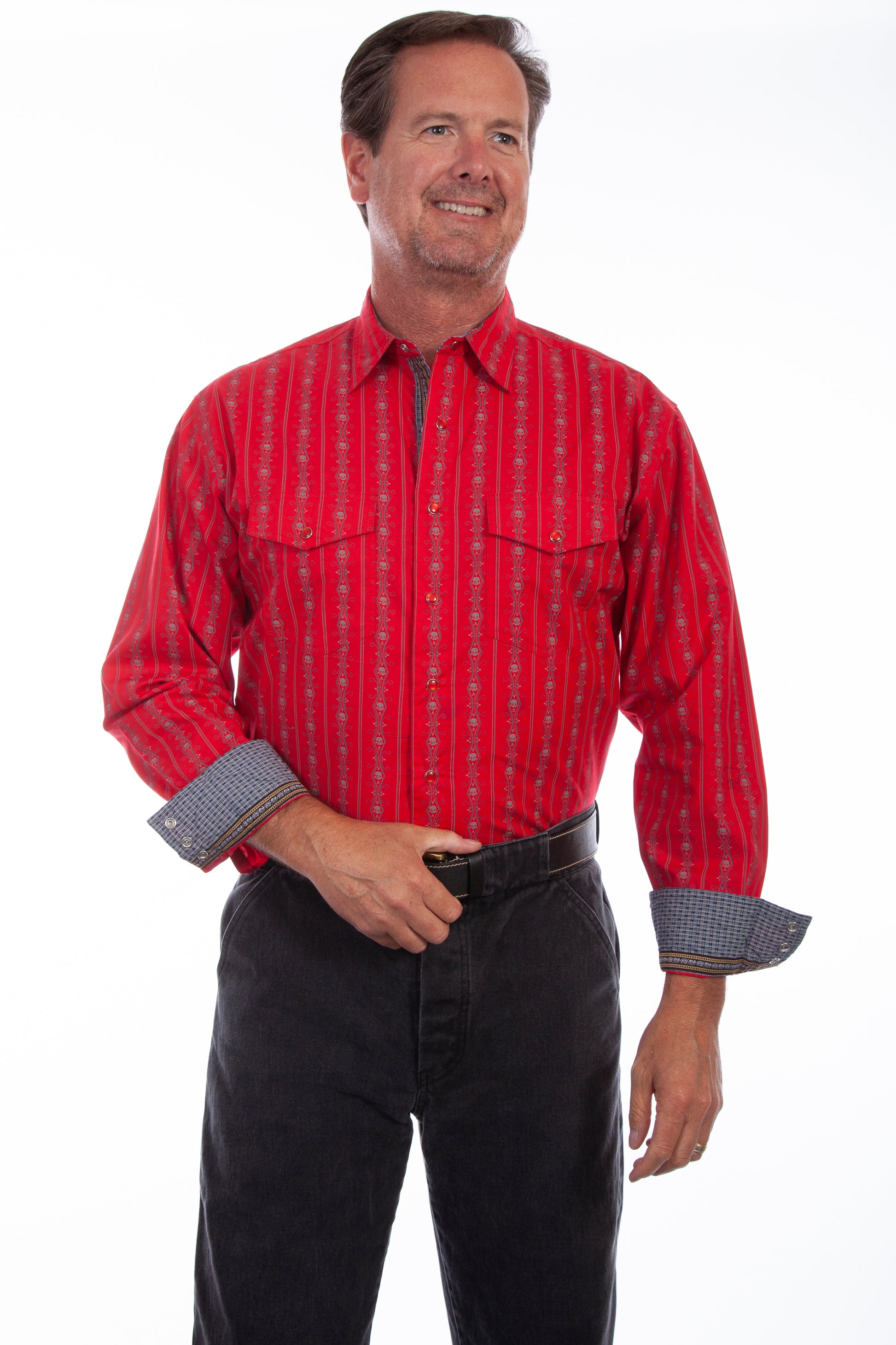 Scully Western Men's Skull Striped Long Sleeve Pearl Snap Shirt in Red