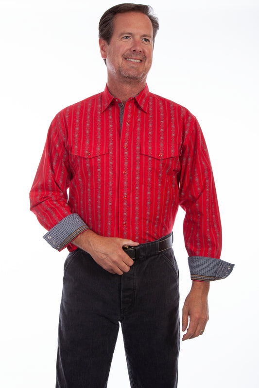 Scully Western Men's Skull Striped Long Sleeve Pearl Snap Shirt in Red