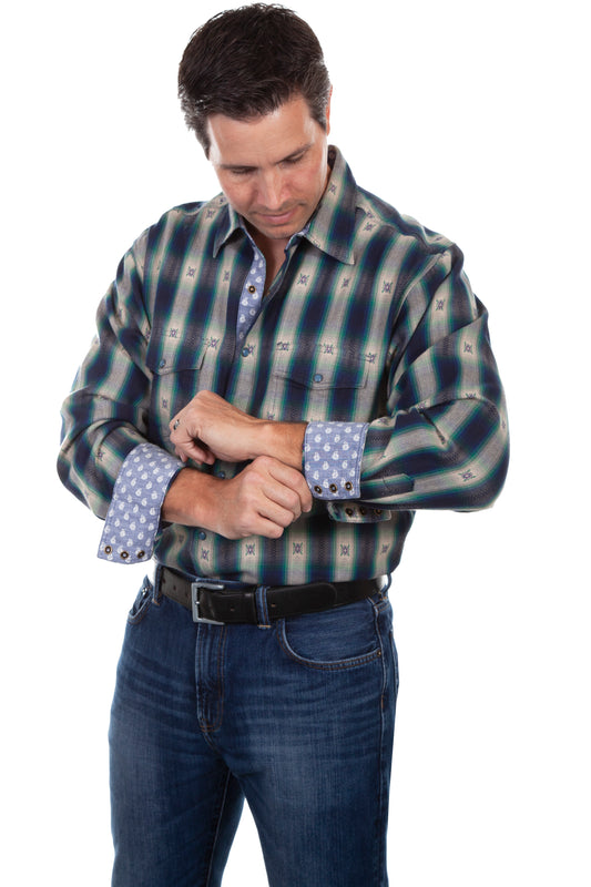 Scully Western Men's Cotton Dobby Signature Stripe Snap Shirt in Indigo